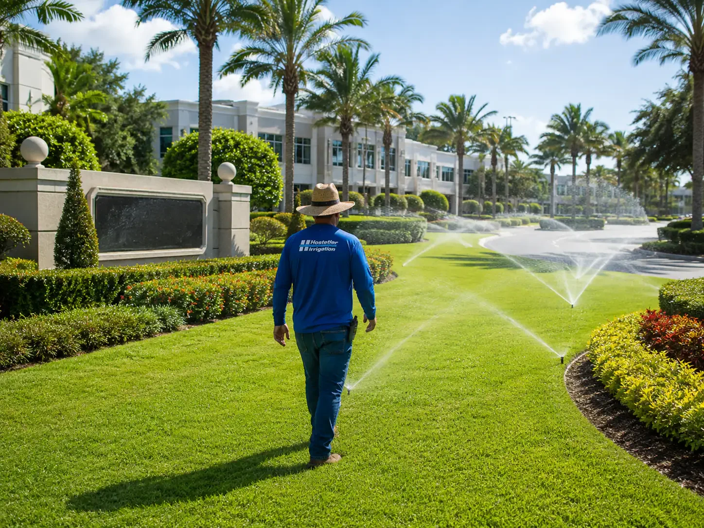 Commercial irrigation systems running across an office park lawn