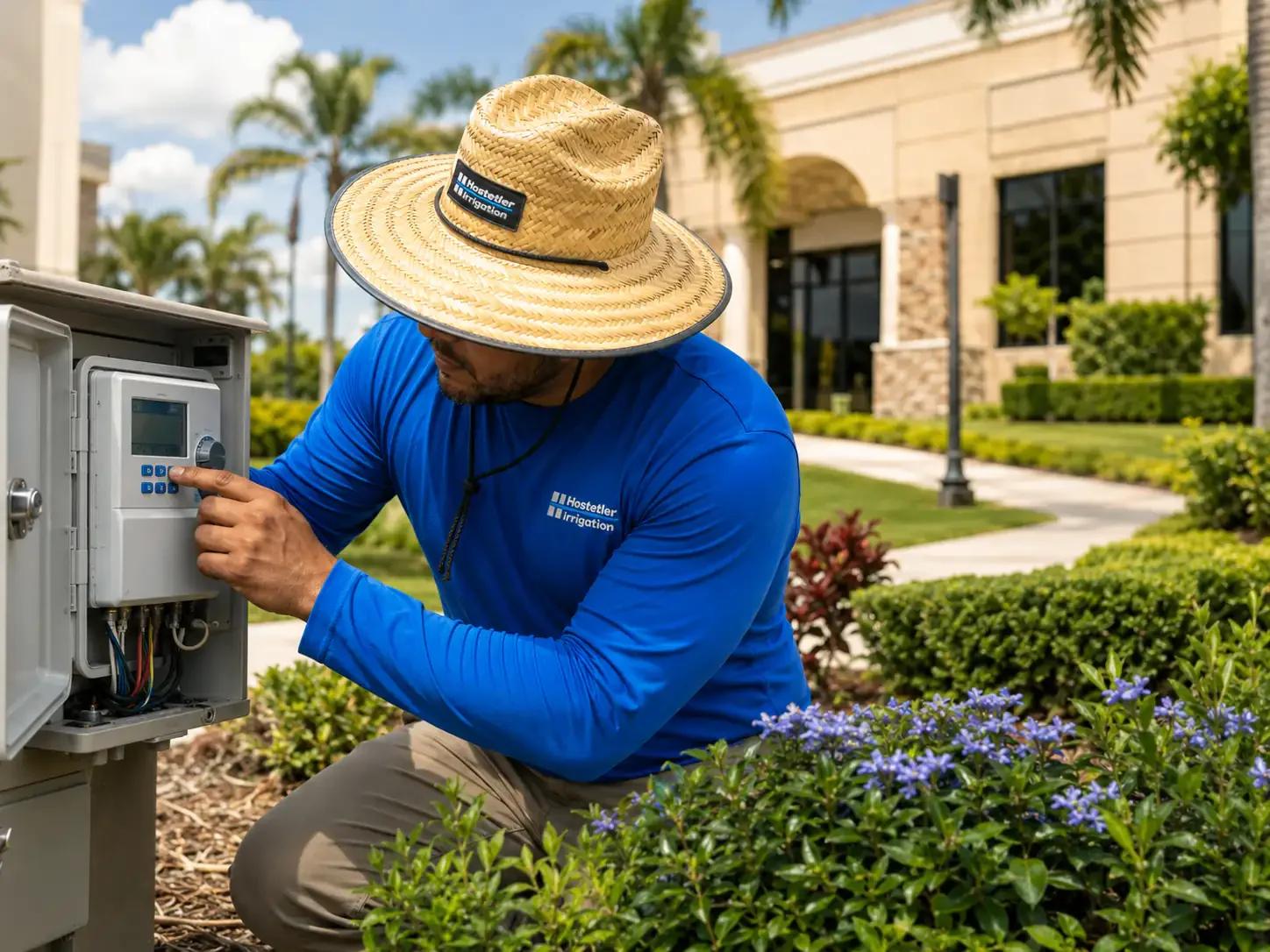 Sprinkler repair in Sarasota, FL reprogramming an irrigation controller