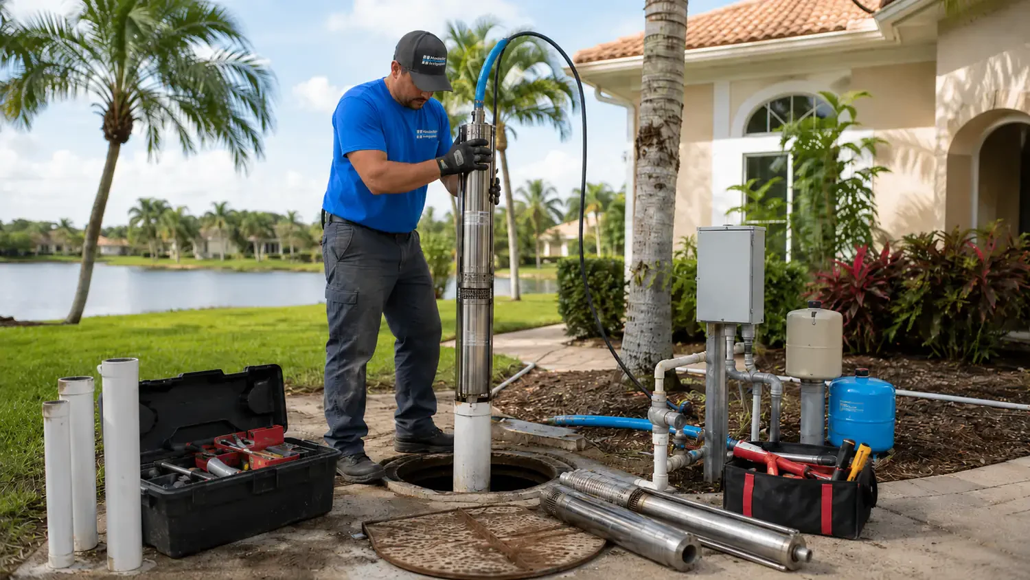 Submersible well pump service with technician suctioning