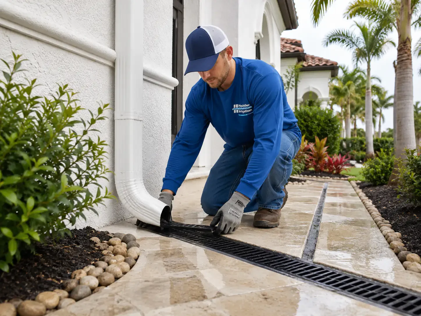 Landscape drainage solutions with a channel drain along a paver patio