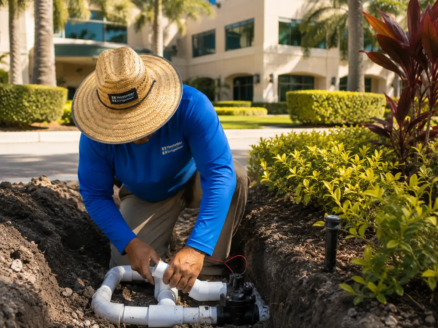 Technician repairing a cracked lateral line to stop a hidden leak