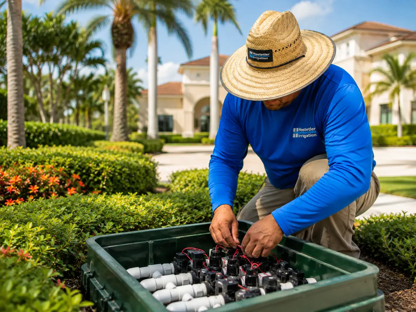 Sarasota sprinkler repair technician rewiring a zone valve manifold