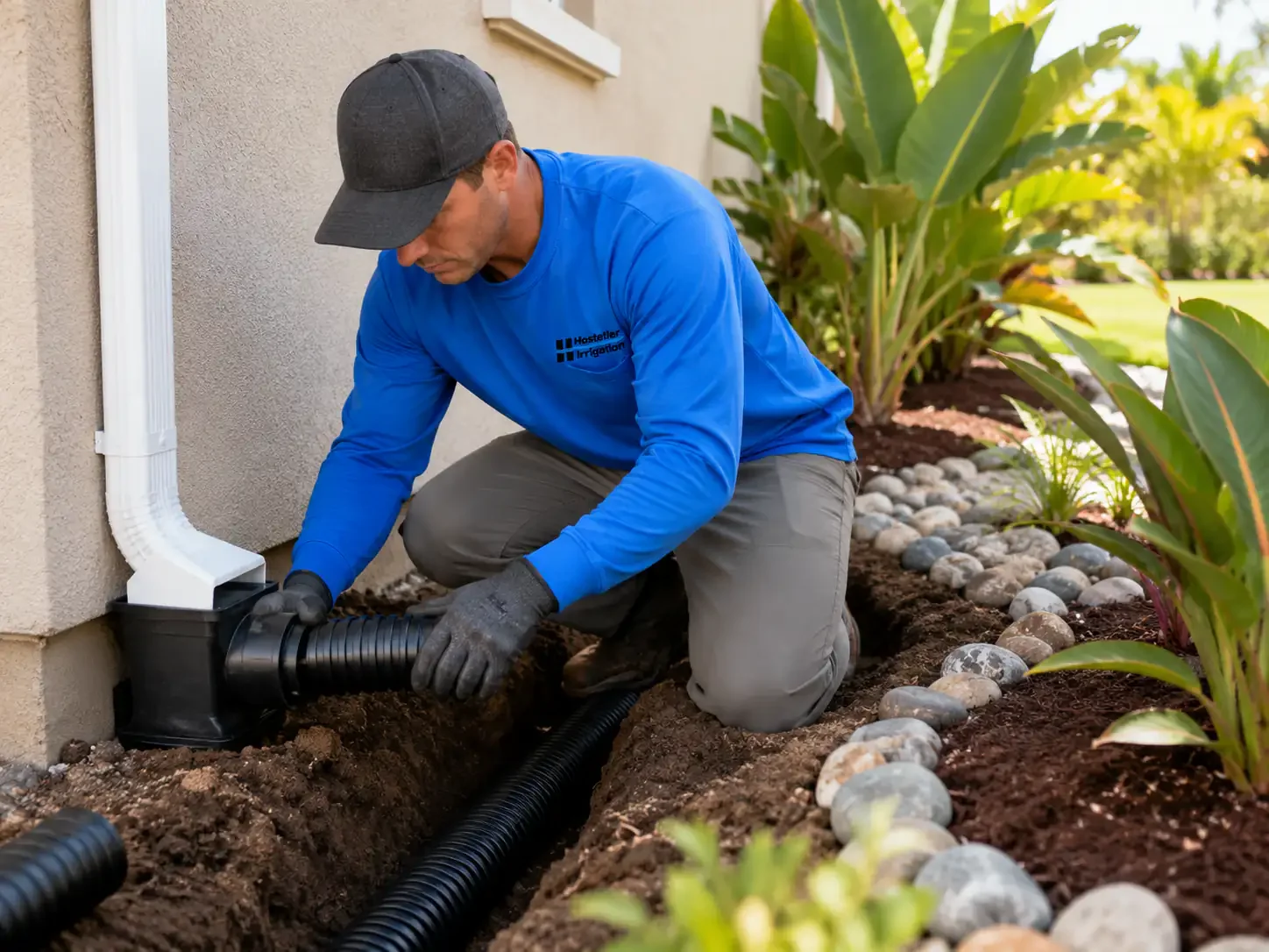 Downspout tied into a buried drain line to move roof runoff away