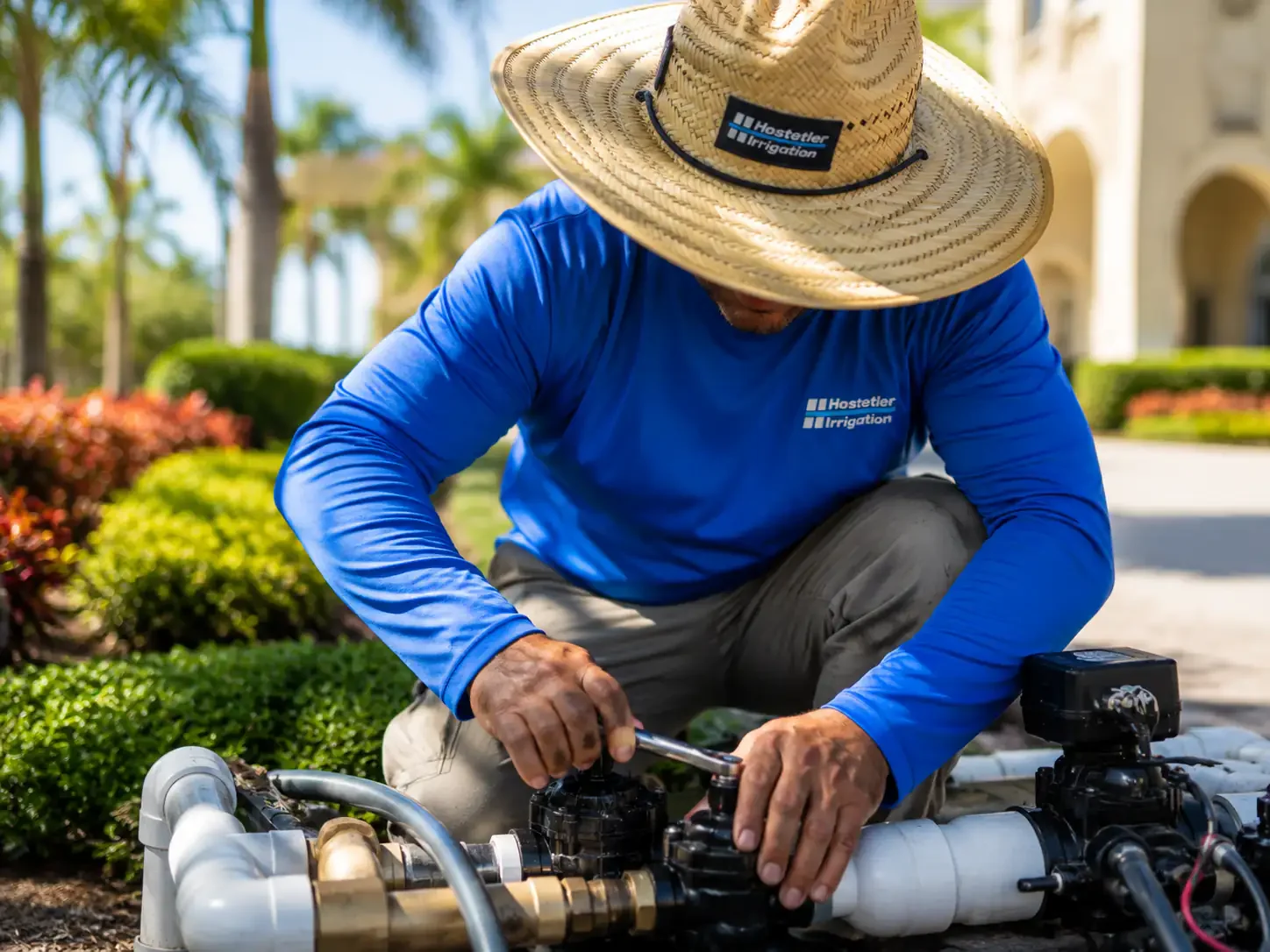 Sprinkler repair in Sarasota technician tightening an irrigation valve