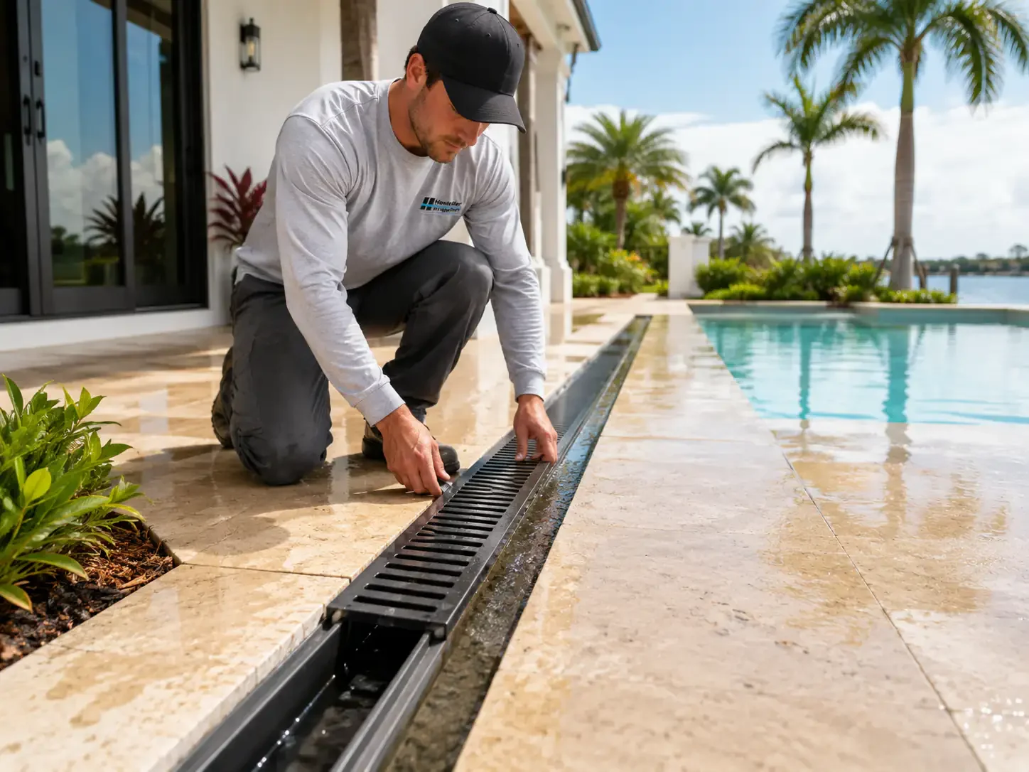 Trench drain installed along a pool deck to catch surface runoff