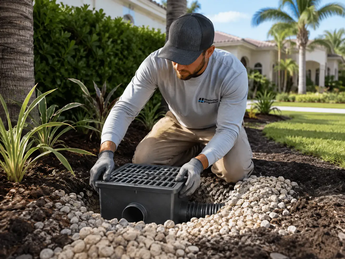 Yard drainage in Sarasota with a catch basin set at a low spot