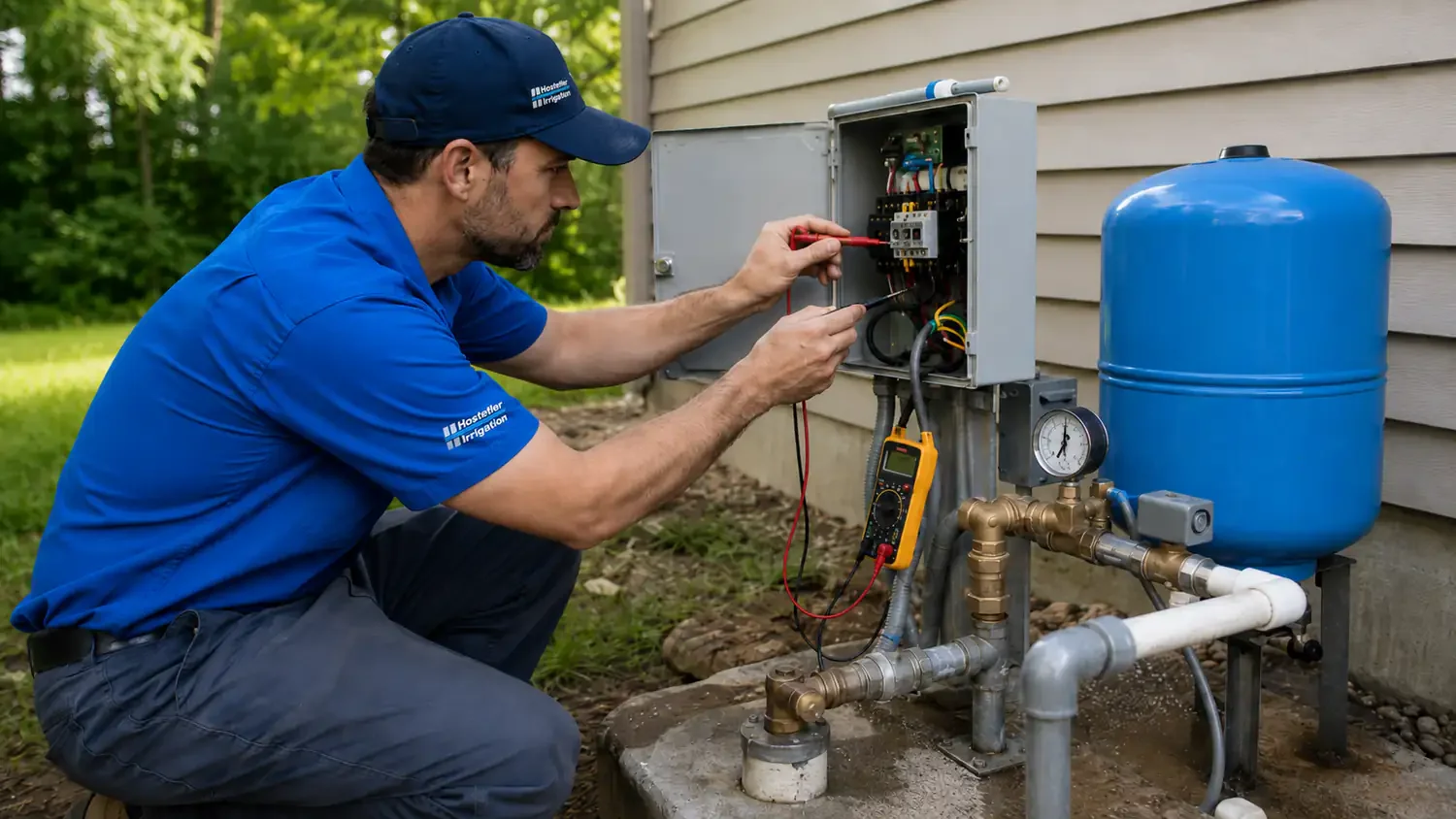 Technician testing pump control wiring during a diagnostic visit