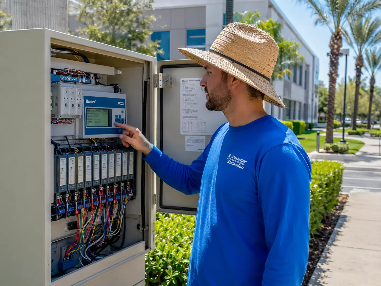 Commercial sprinkler system in Sarasota controller and pump panel inspection