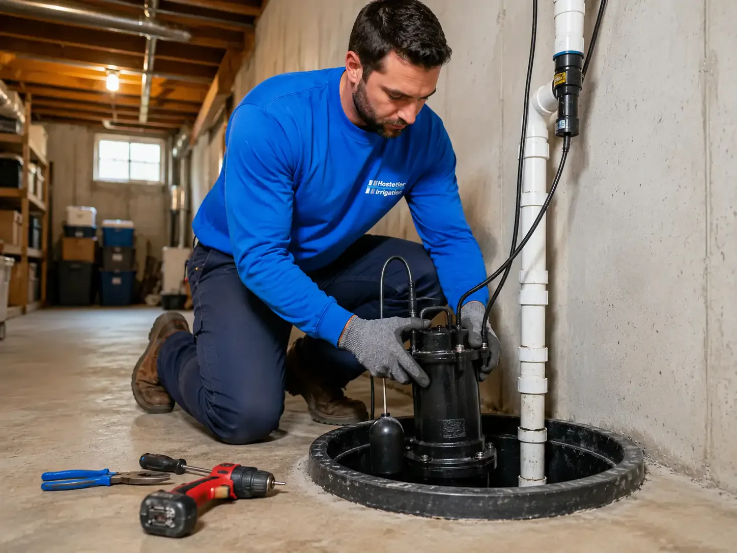 Technician replacing a failed sump pump in a basin during a repair visit