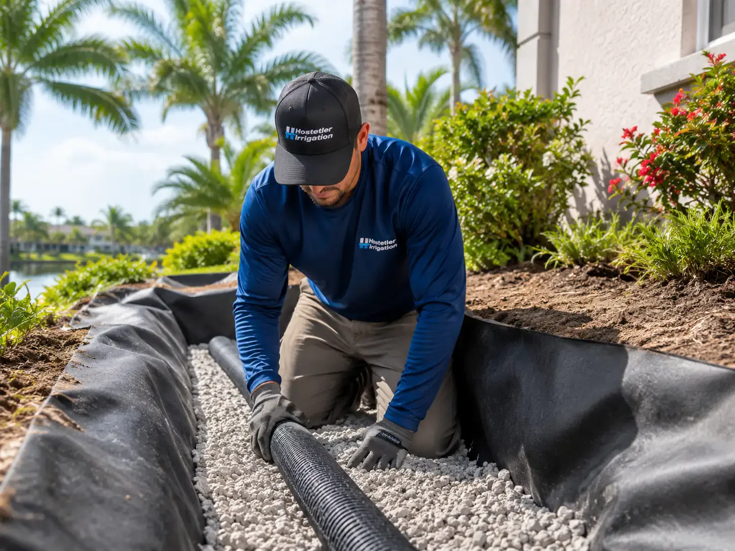 French drain in Sarasota built with filter fabric and washed gravel
