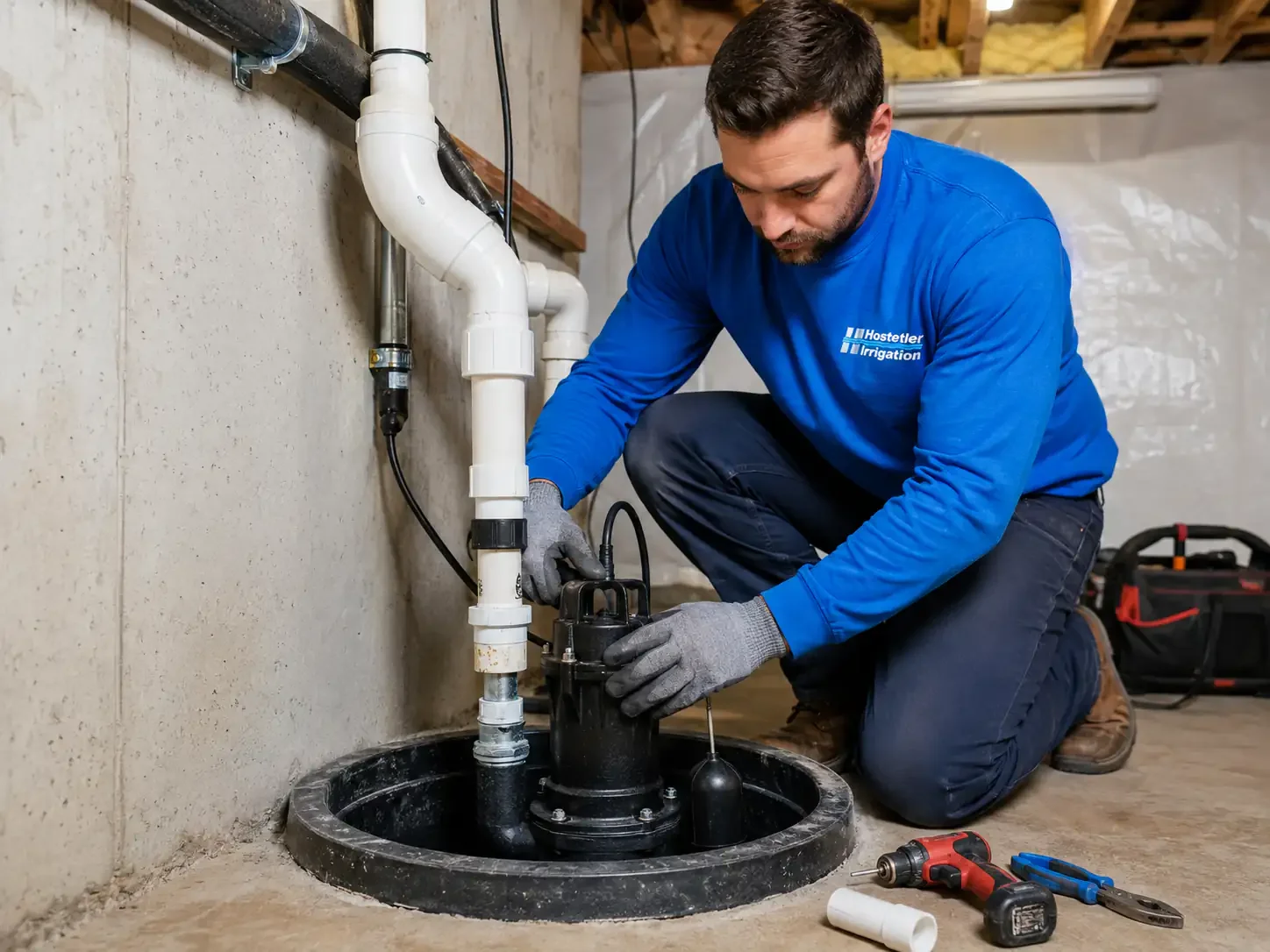 Sump pump installation set into a sealed basin with a discharge line