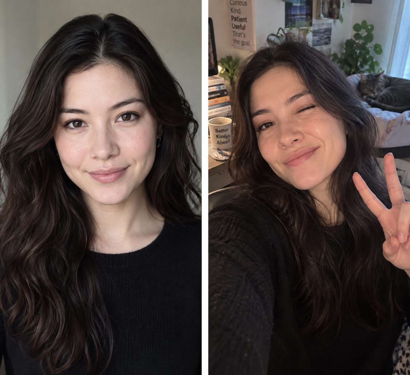 Eve’s digital avatar — formal portrait and winking selfie.