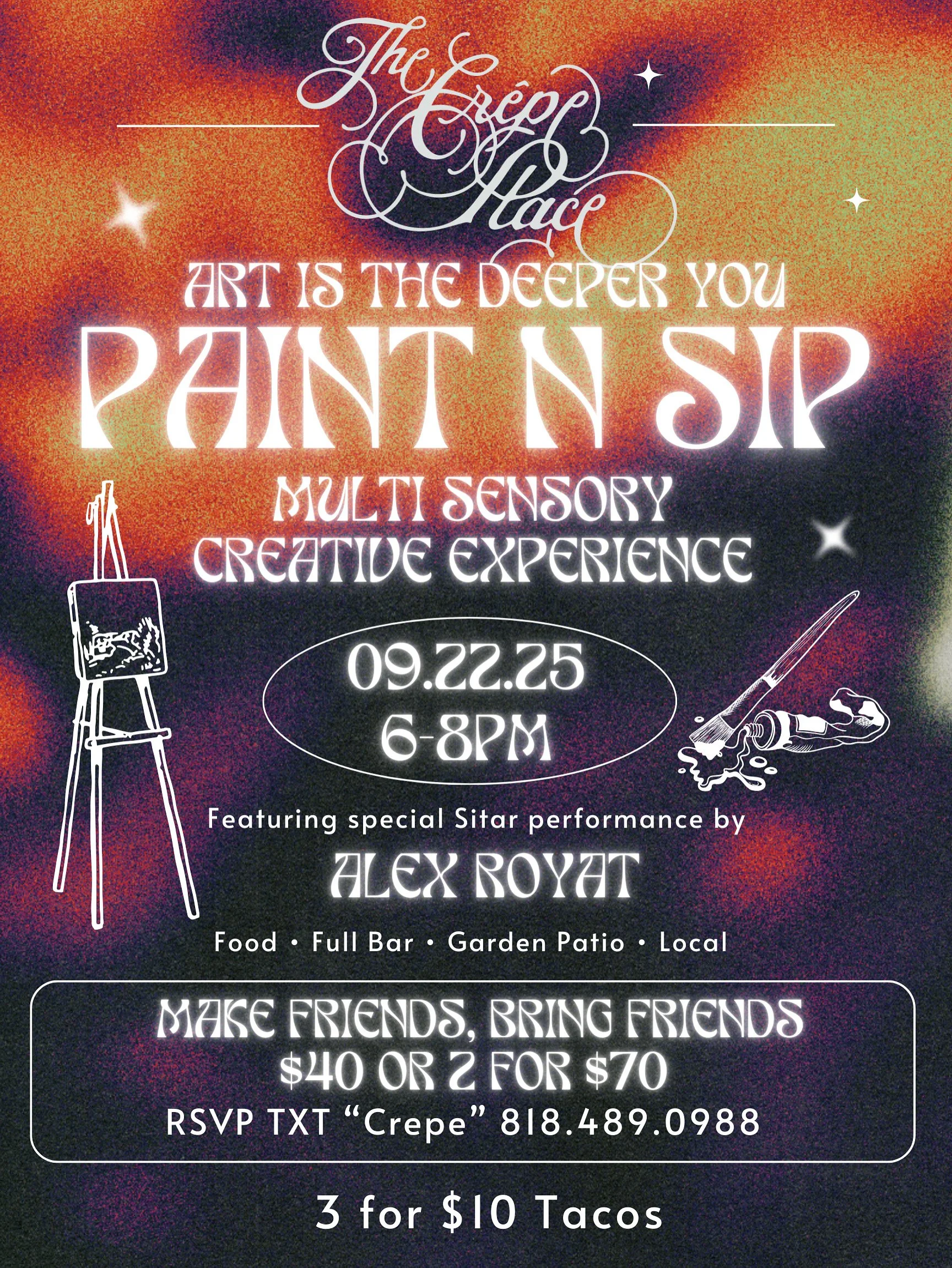 PAINT N SIP IN THE CREPE PLACE GARDEN, MONDAY SEPTEMBER 22 FROM 6 TO 8PM