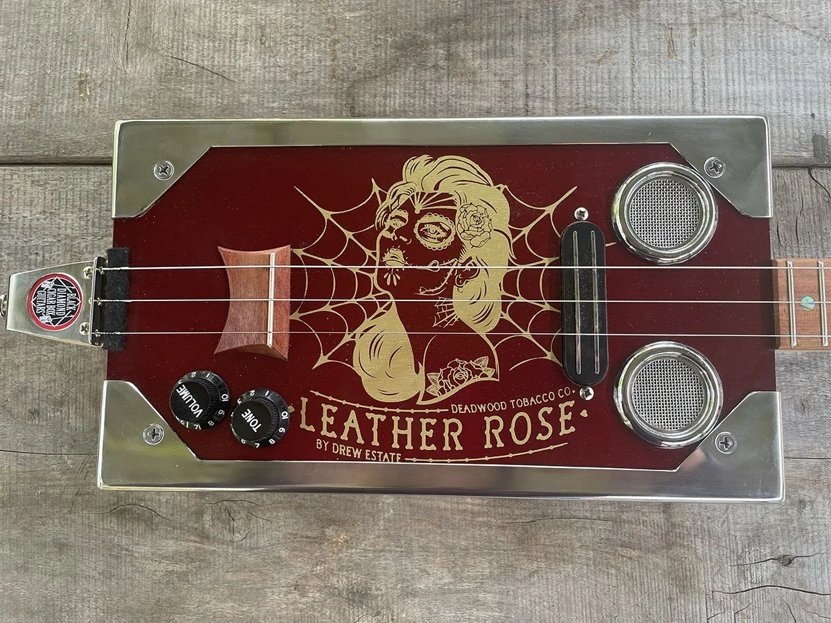 Leather Rose 3 string fretted cigar box guitar