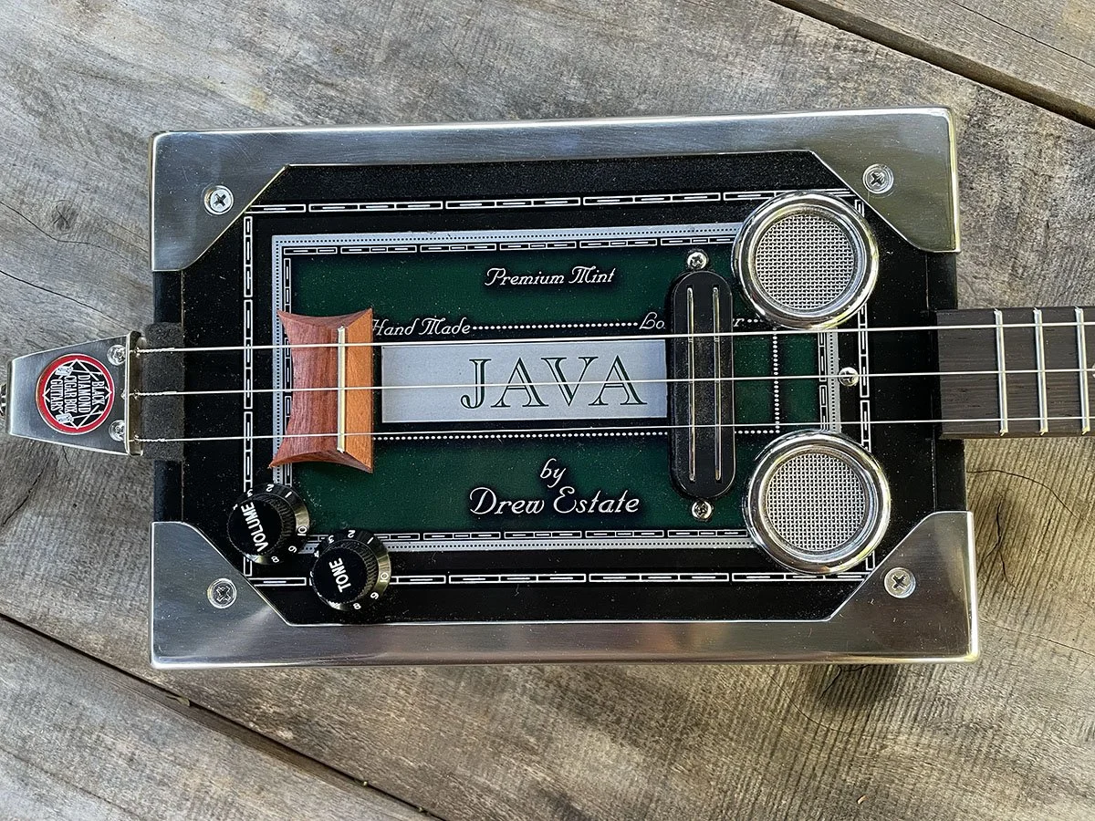 'Green' Java 3 string fretted cigar box guitar