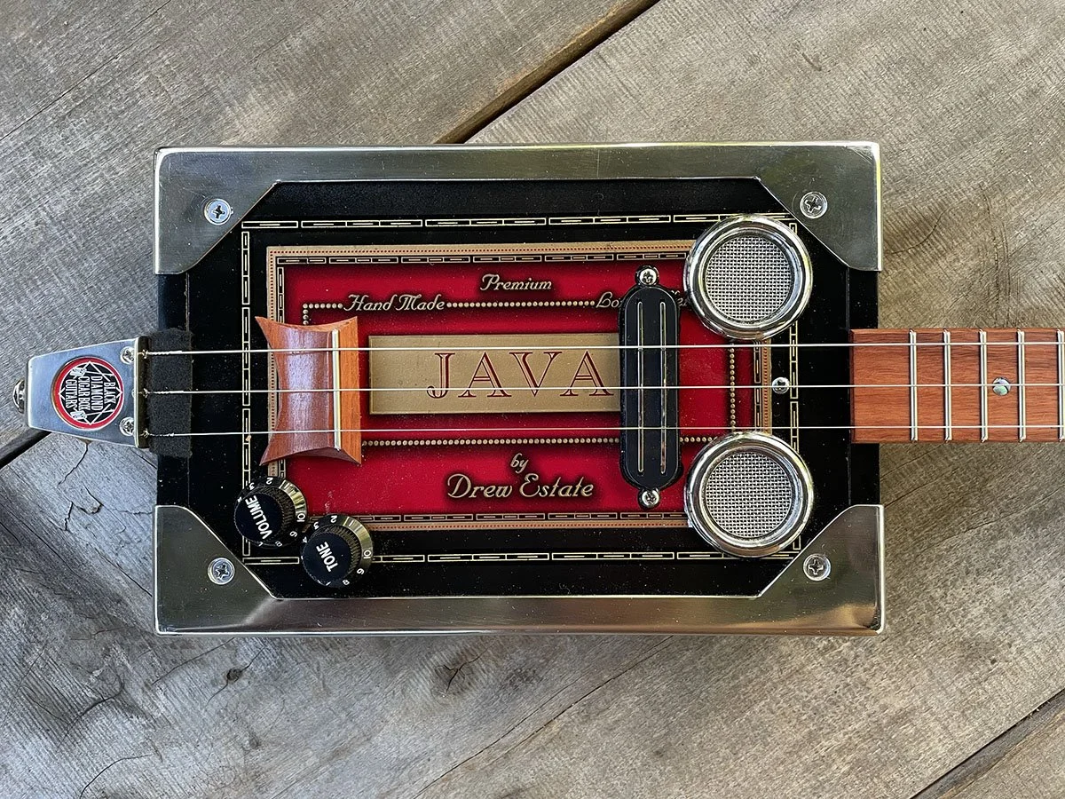 'Red' Java 3 string fretted cigar box guitar