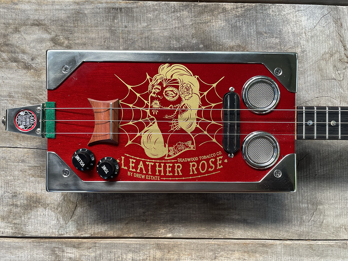 Leather Rose 3 string fretted cigar box guitar