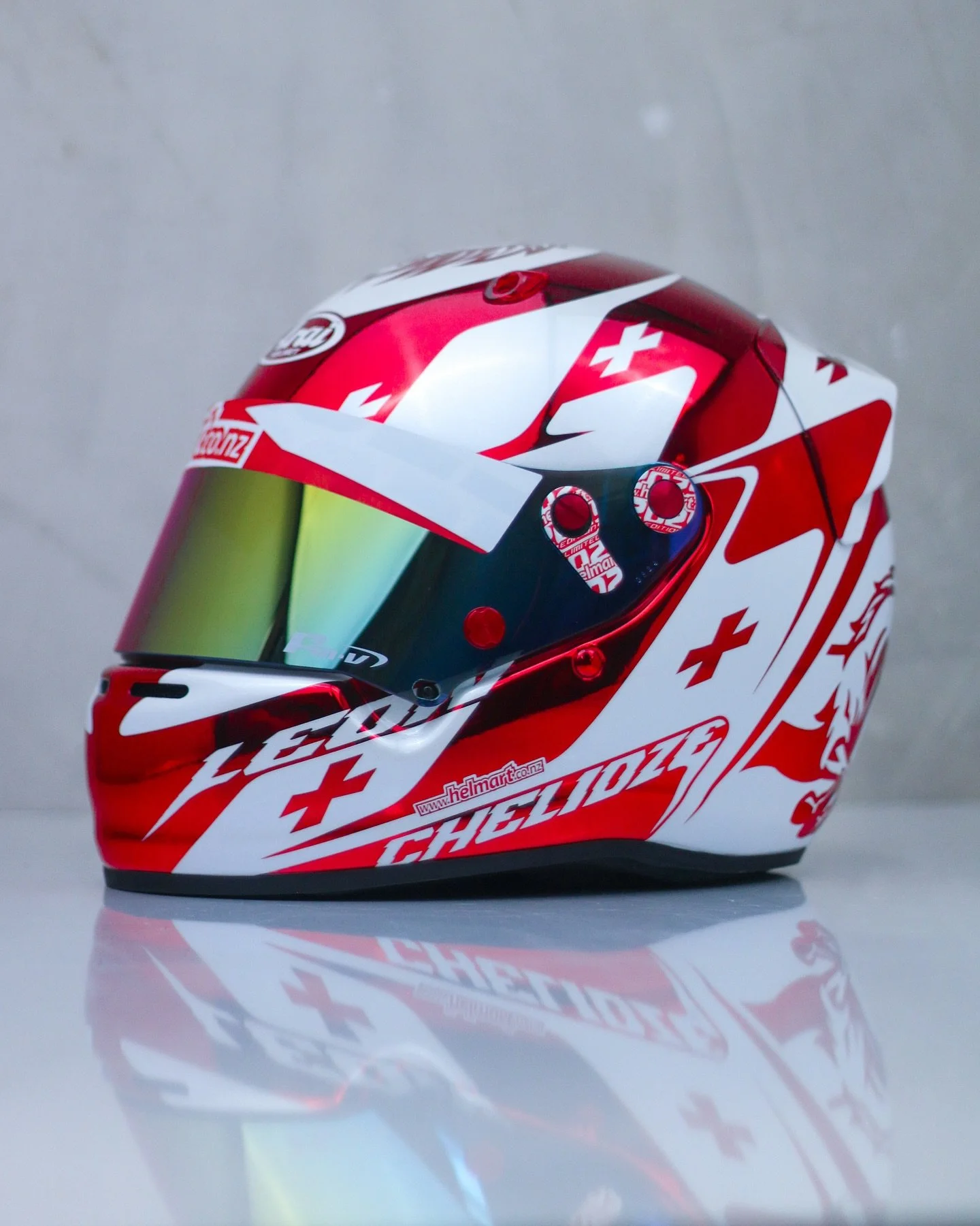 A couple of years ago I painted an extra special Arai CK6 for Leon Chelidze that was inspired by the Georgian flag, super excited to have just freshly finished this updated version that looks even more special and epic. 

Chrome red and heavy ice pea