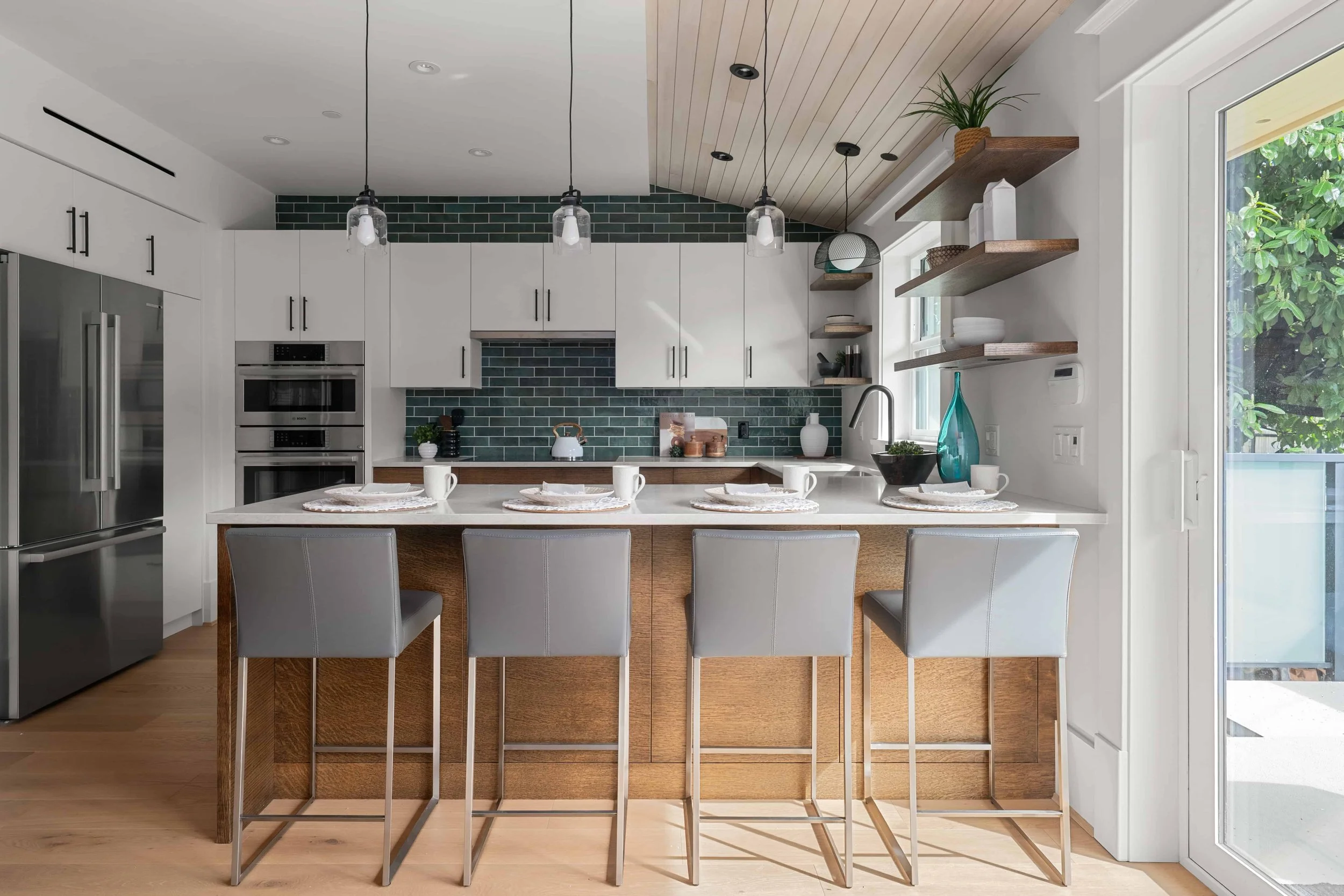 Interior photography of modern bedroom with neutral tones and large windows showcasing natural light