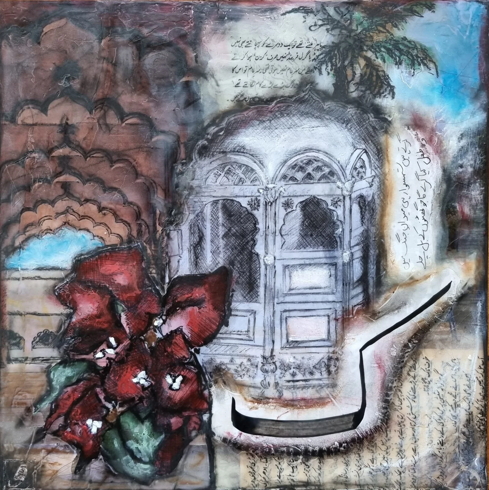 Mixed media and encaustic wax on wood. 12x12. Commemorative work to remember a lost parent.