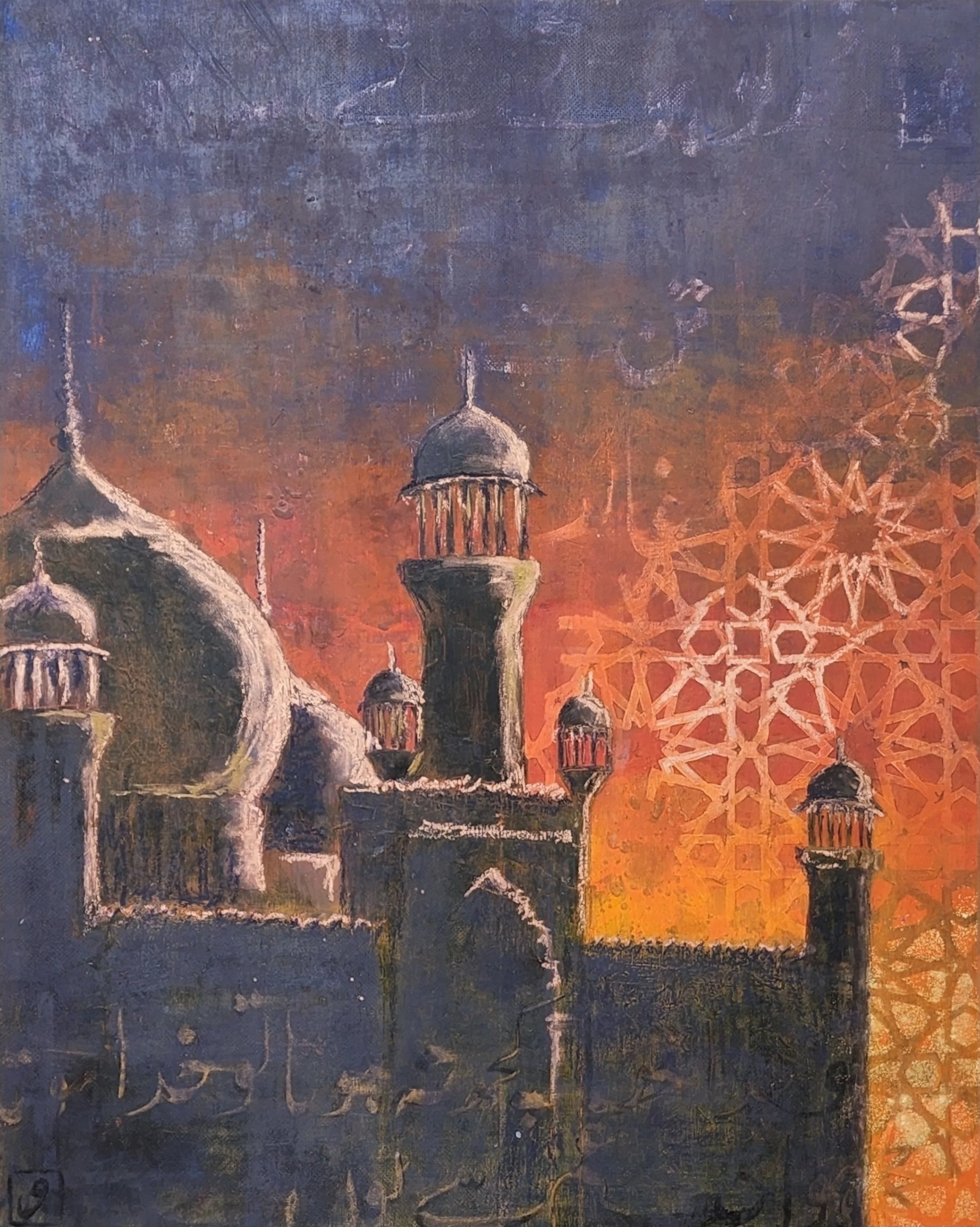 Oil and cold wax 24x30 on wood. Depicting a sunset in Lahore. Mirza Ghalib's poetry in the background layers.