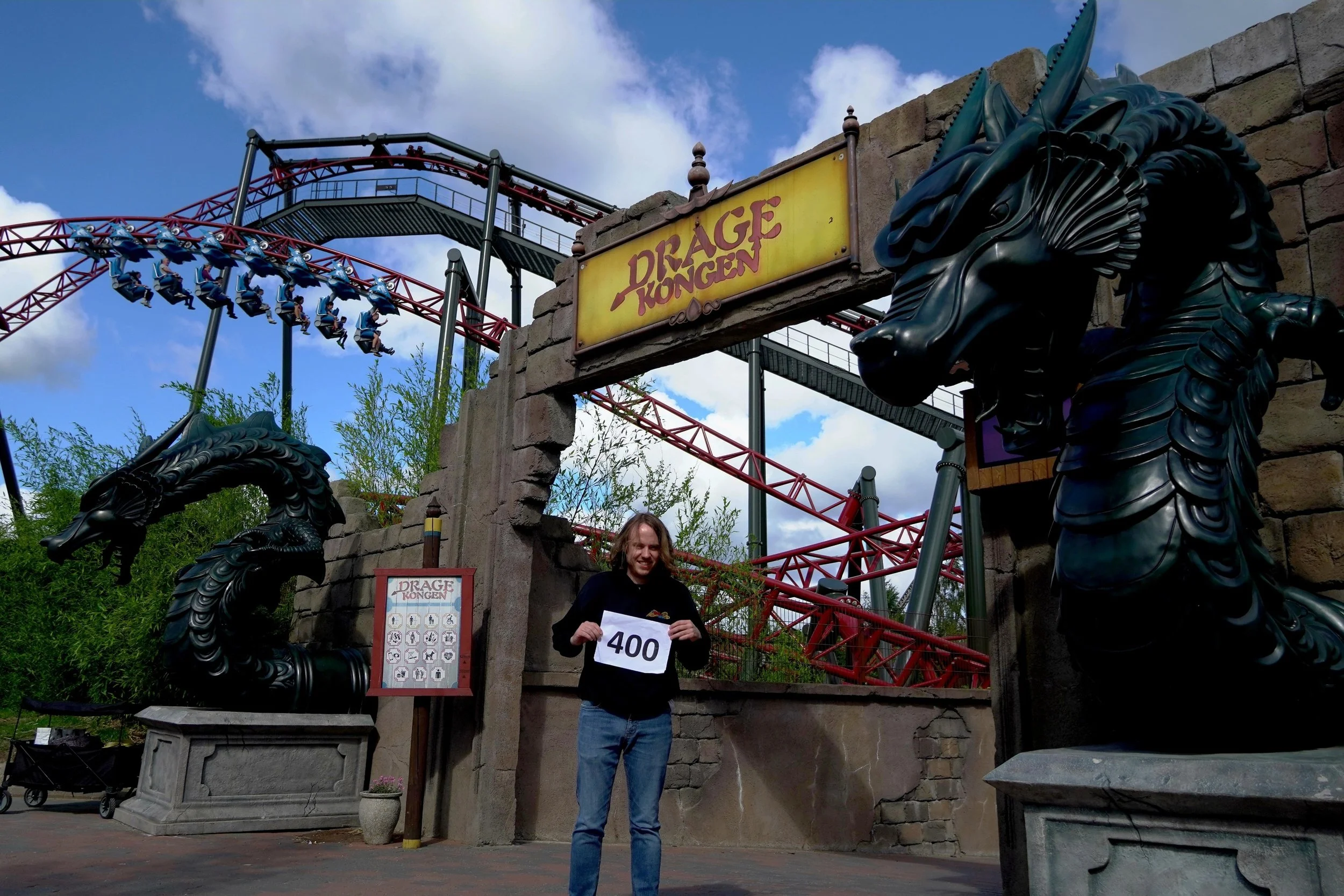 Sam Morris getting a 400 Roller Coaster Milestone at Djurs Sommerland Theme Park in Denmark on a Coaster Breaks Scandinavian tour