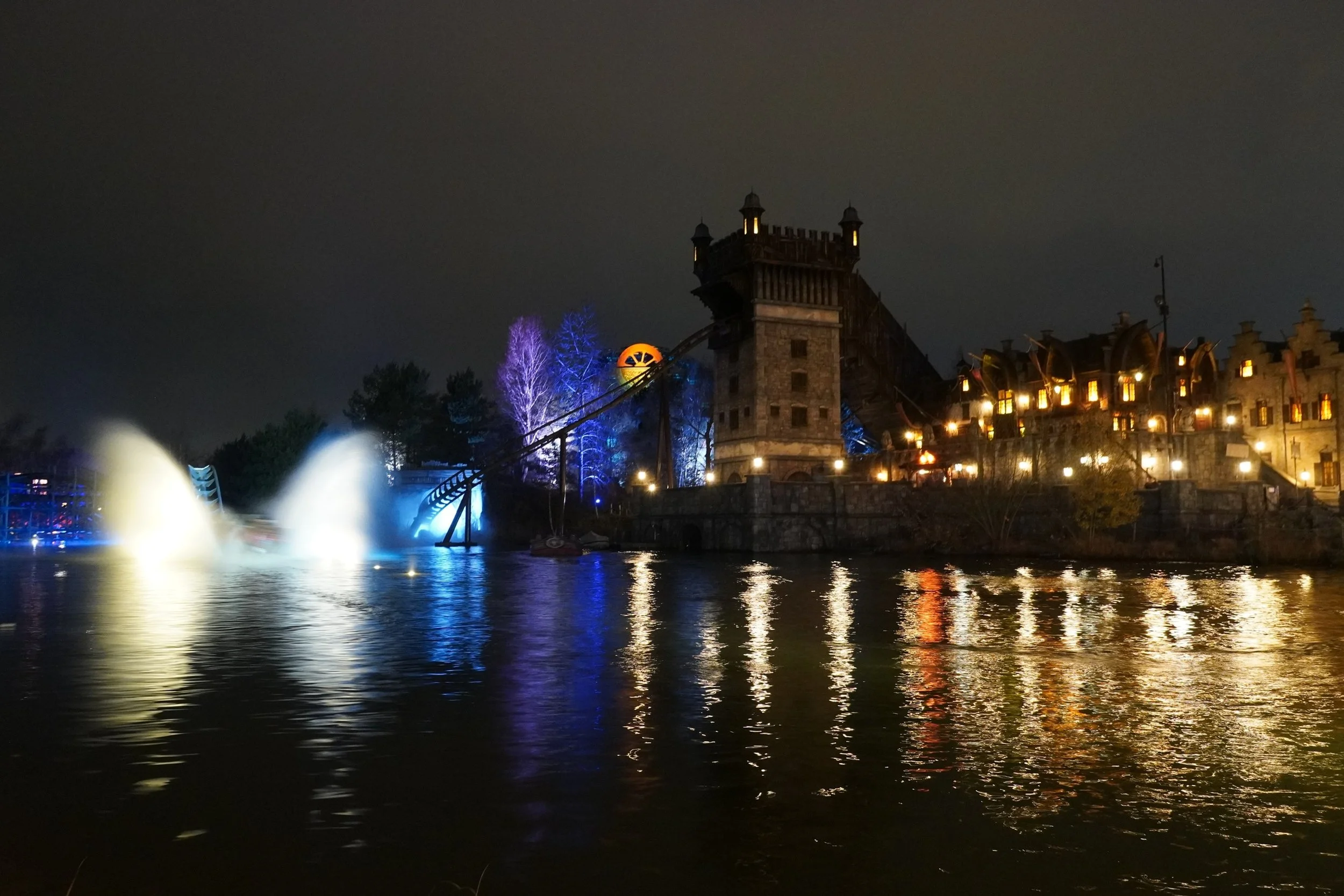 Vliegende Hollander Water Roller Coaster at Night in Efteling on a Winter Netherlands Theme Park Tour with Coaster Breaks