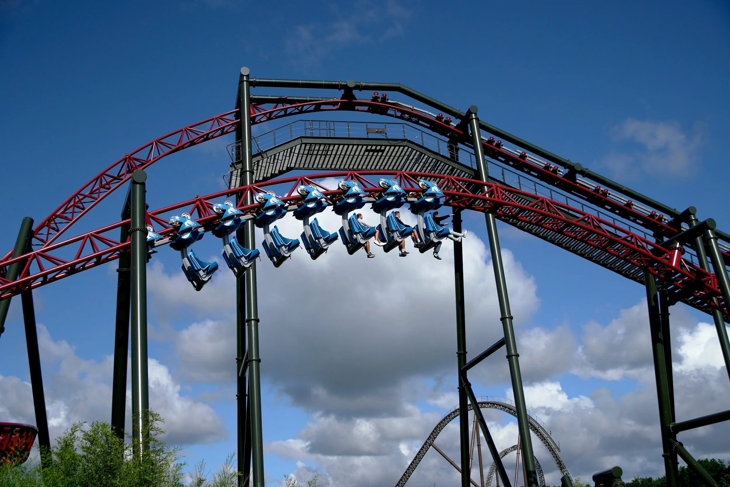 Dragekongen airtime, Intamin Faminly Inverted Roller Coaster at Djurs Sommerland Theme Park in Denmark on a Coaster Breaks Scandinavian tour