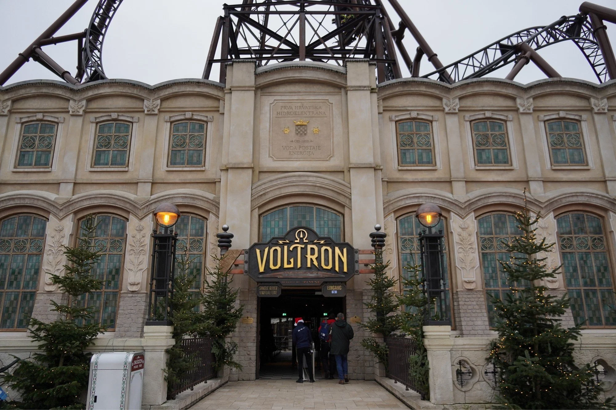 Voltron Entrance during the winter season at Europa Park with Christmas Trees during a Germany Theme Park Tour with Coaster Breaks