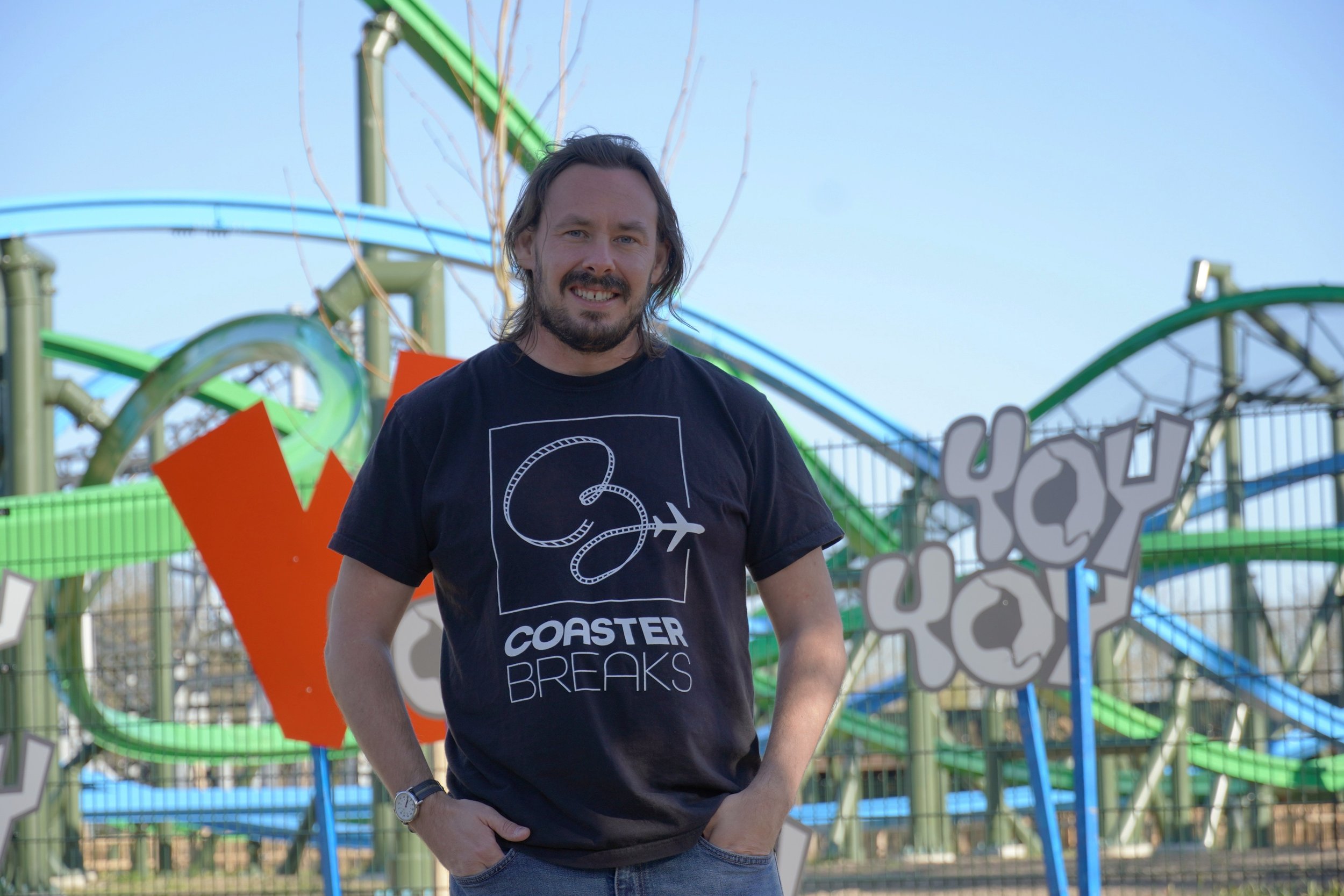 Marcus Gear founder of Coaster Breaks Theme Park Tours standing in front of YOY at Walibi Holland