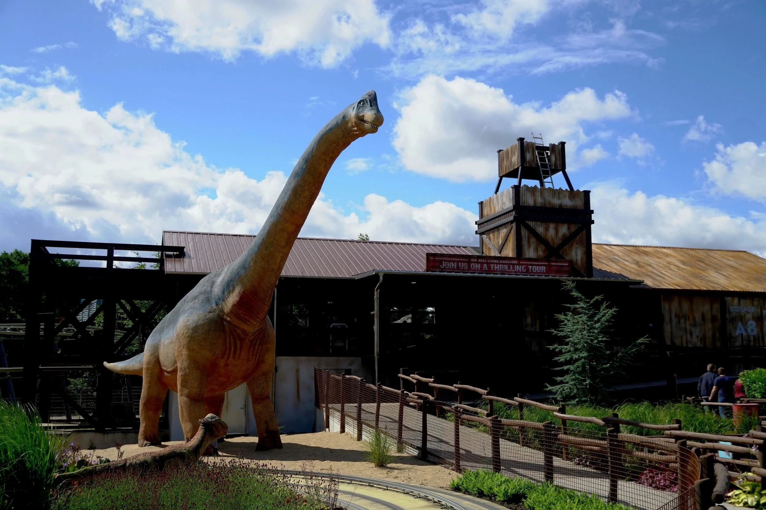 Dinosaurs at Djurs Sommerland theme park for the t-rex family roller coaster by mack rides.