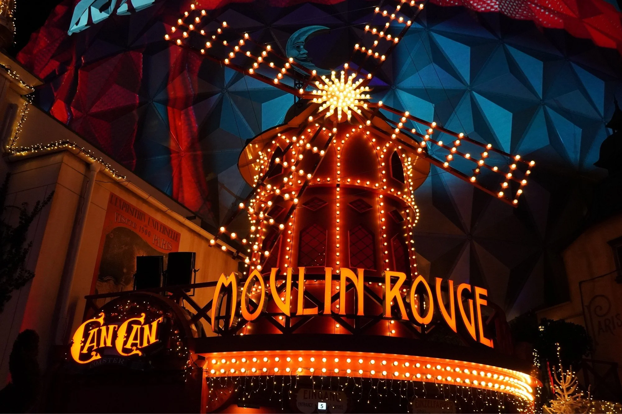 Moulin Rouge Cancan Roller Coaster at night in Europa Park Winter Season on a Christmas Theme Park Tour with Coaster Breaks