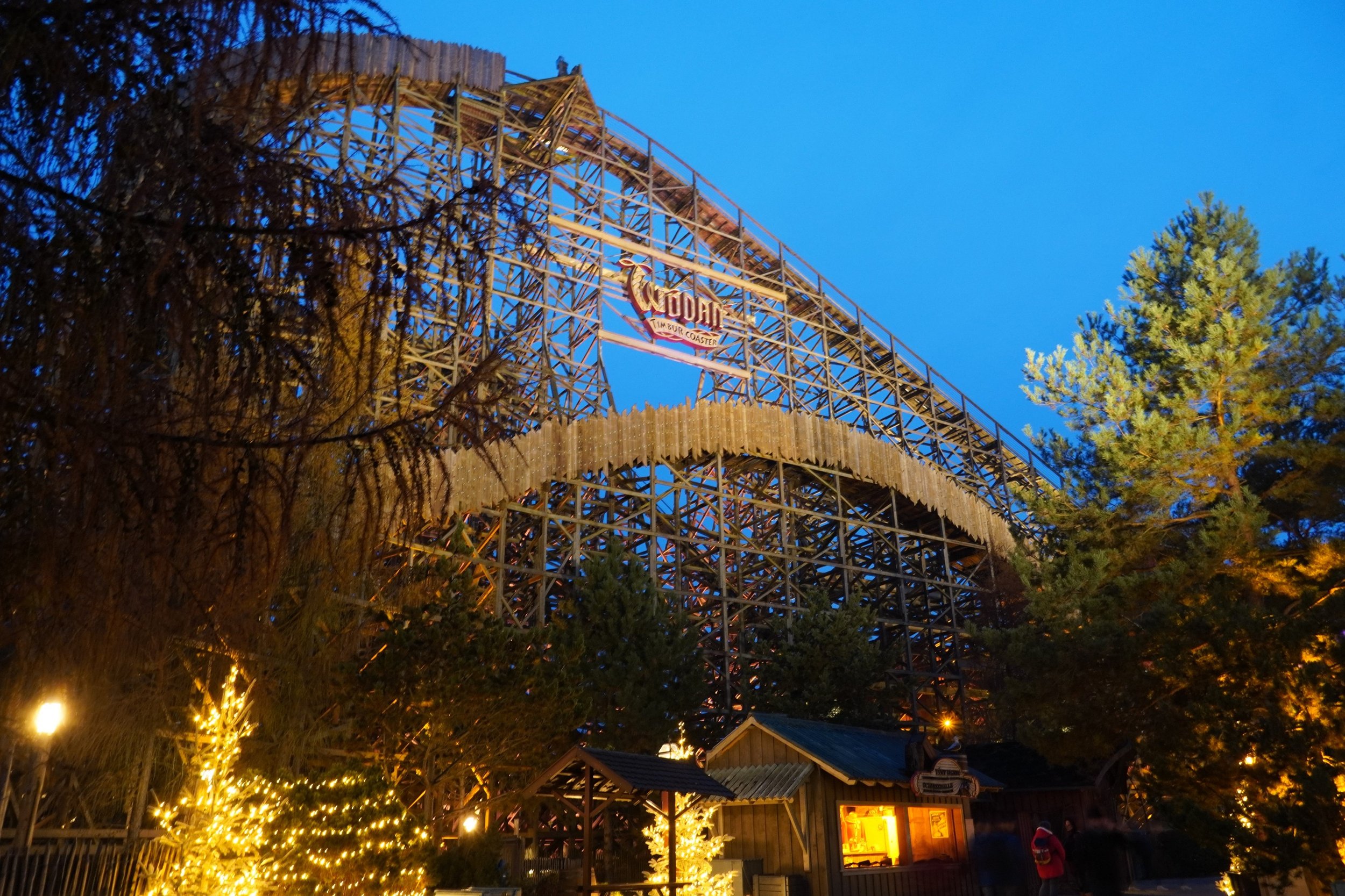 Wodan Timber GCI Wooden Roller Coaster at Europa Park at Night during the winter season on a theme park tour with Coaster Breaks