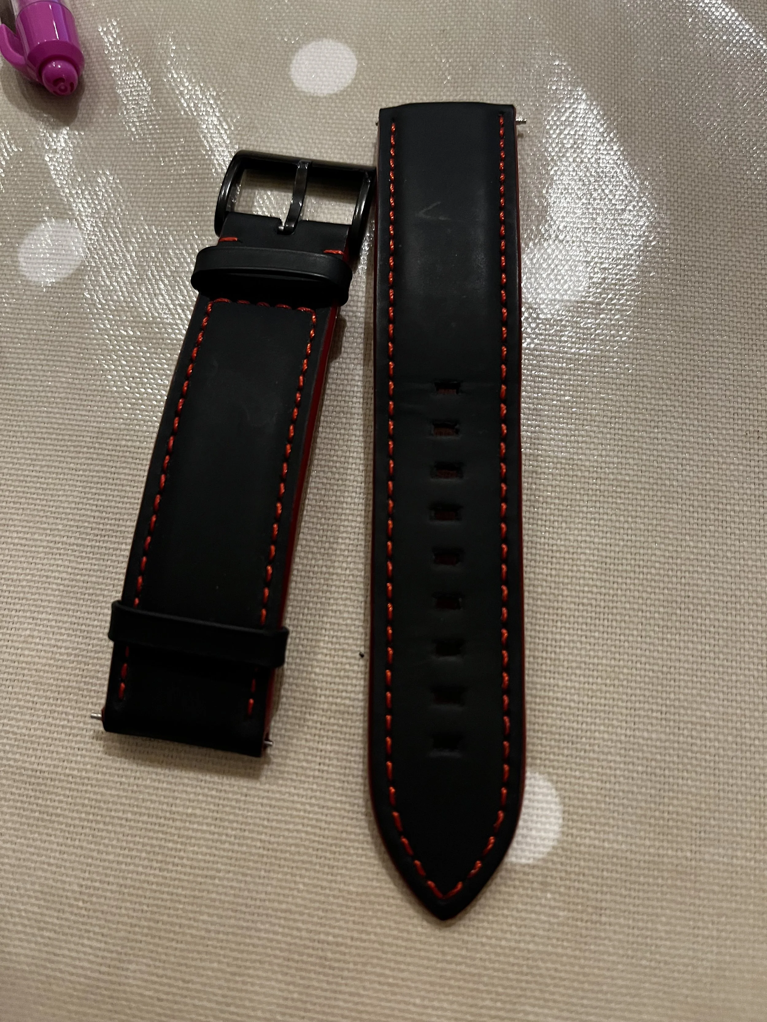 SOLD STR14 CW Black red leather strap with black DLC buckle