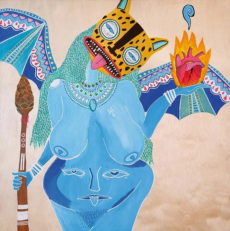 Vic Oh, XV, France/Mexico 2019.
A highly symbolically decorated witch by Oh is based on the Devil Tarot card. The pineal gland, represented by the pine cone, tops her scepter, expressing her connection to divinity. She wears the sacred ceremonial jag