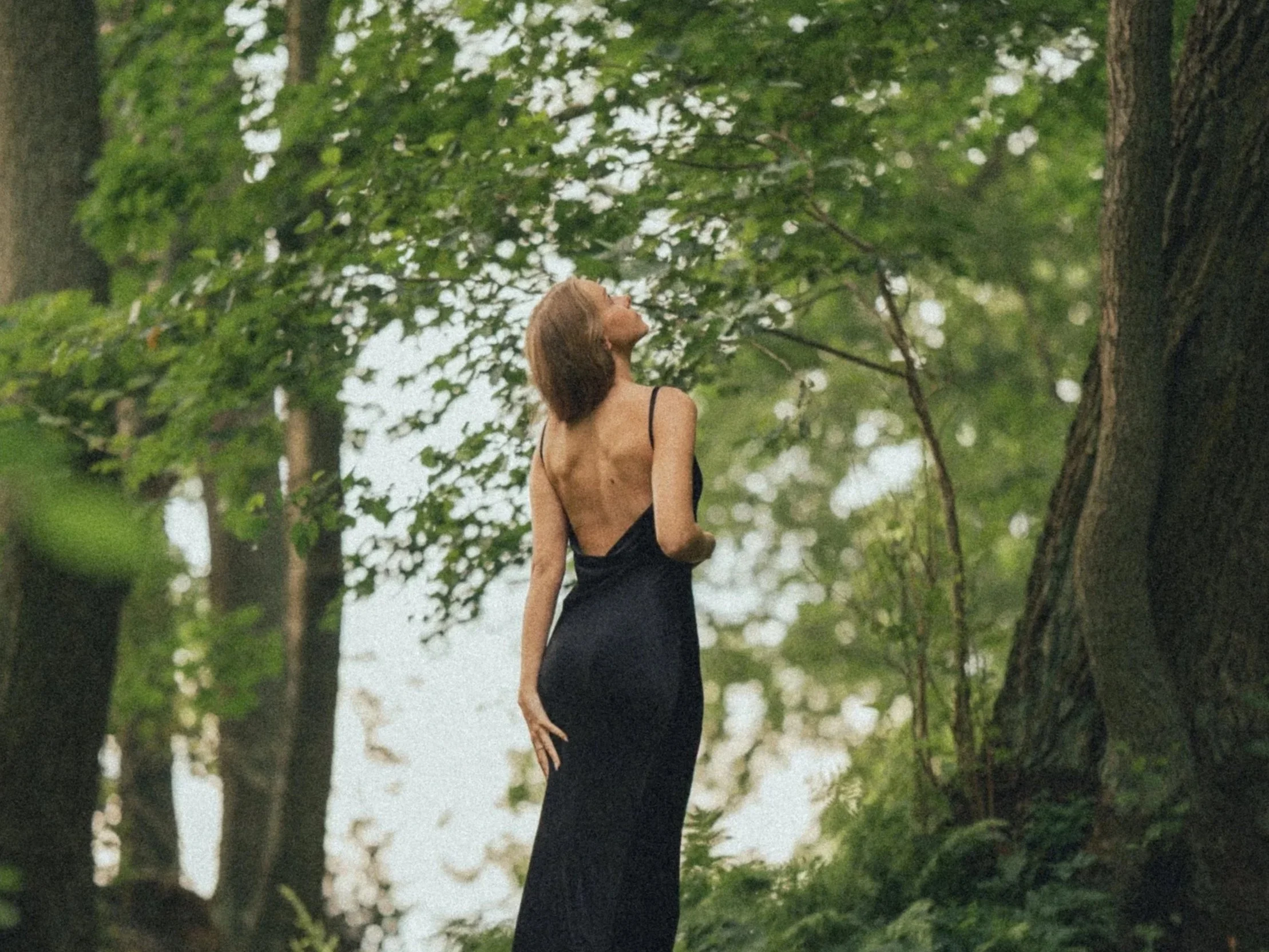 A woman in a long black dress standing in a forest, looking up at the trees and sky.