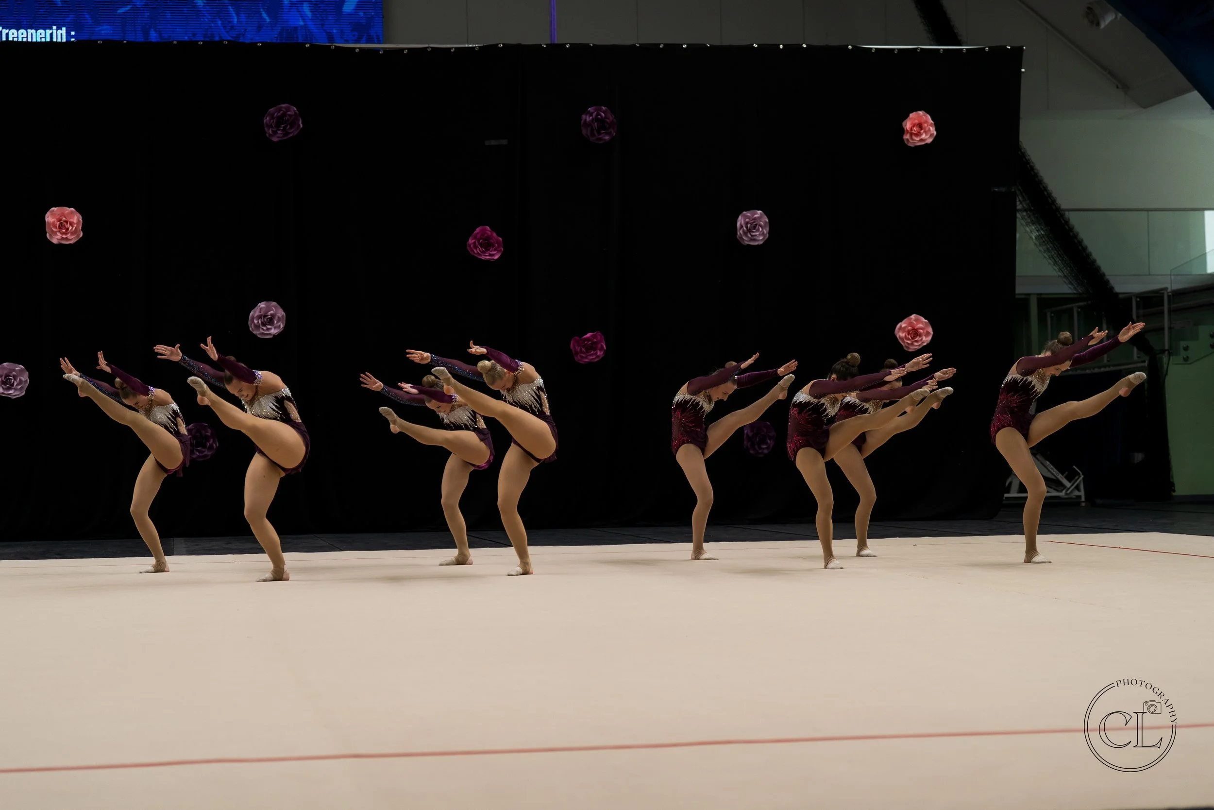 Group of young female gymnasts in purple and red leotards performing a synchronized routine on a gymnasium floor, with decorative flower props on the black backdrop.