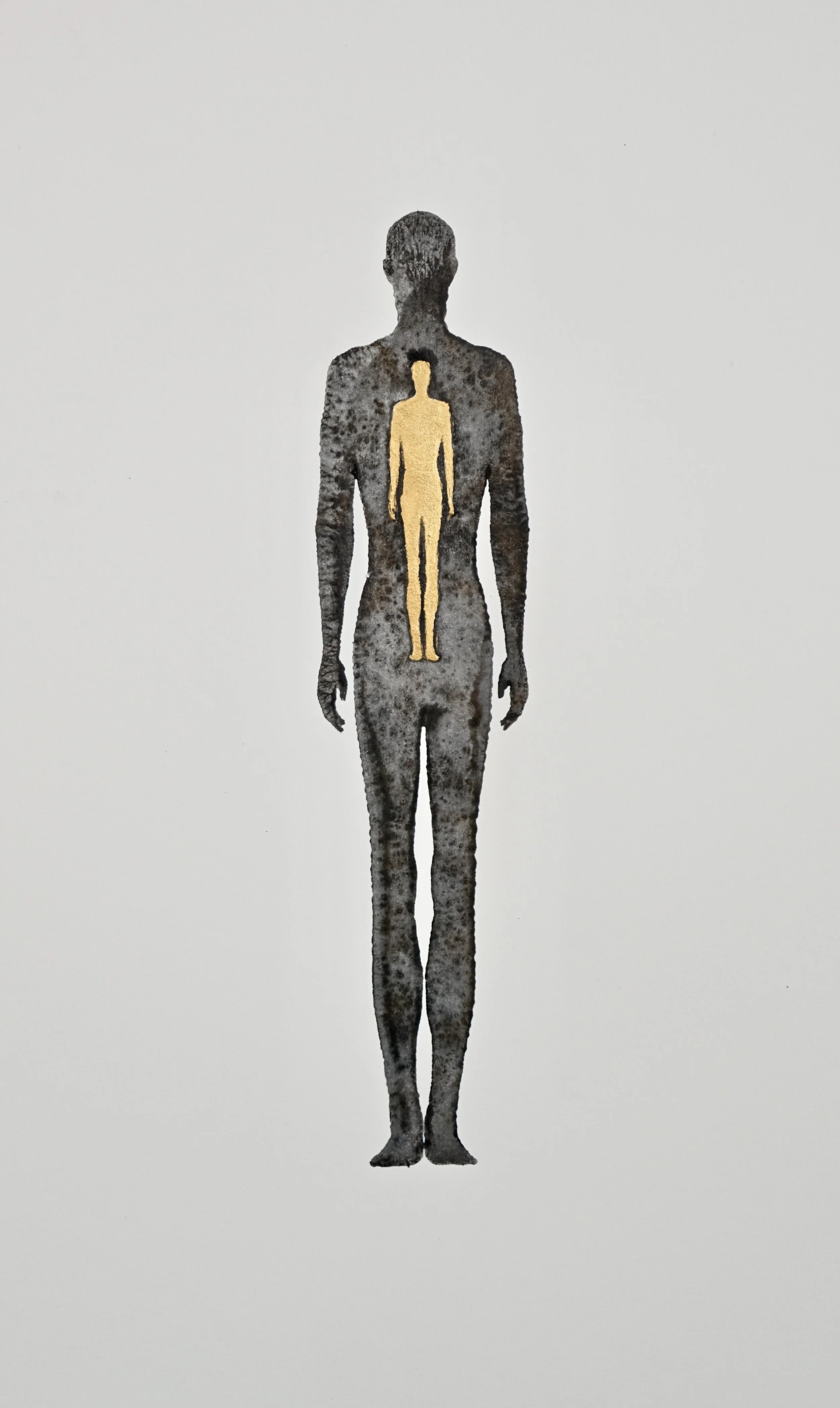 An artistic depiction of a human figure with a smaller golden human figure inside it, on a plain light background.