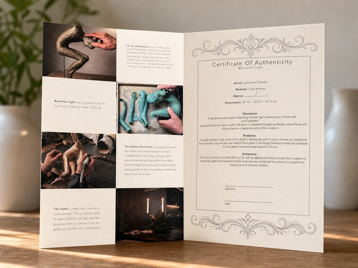 Brochure with photos and description of a bronze sculpture titled 'Between Light' by artist Johannes Nielsen, including photos of the sculpting process and a certificate of authenticity.