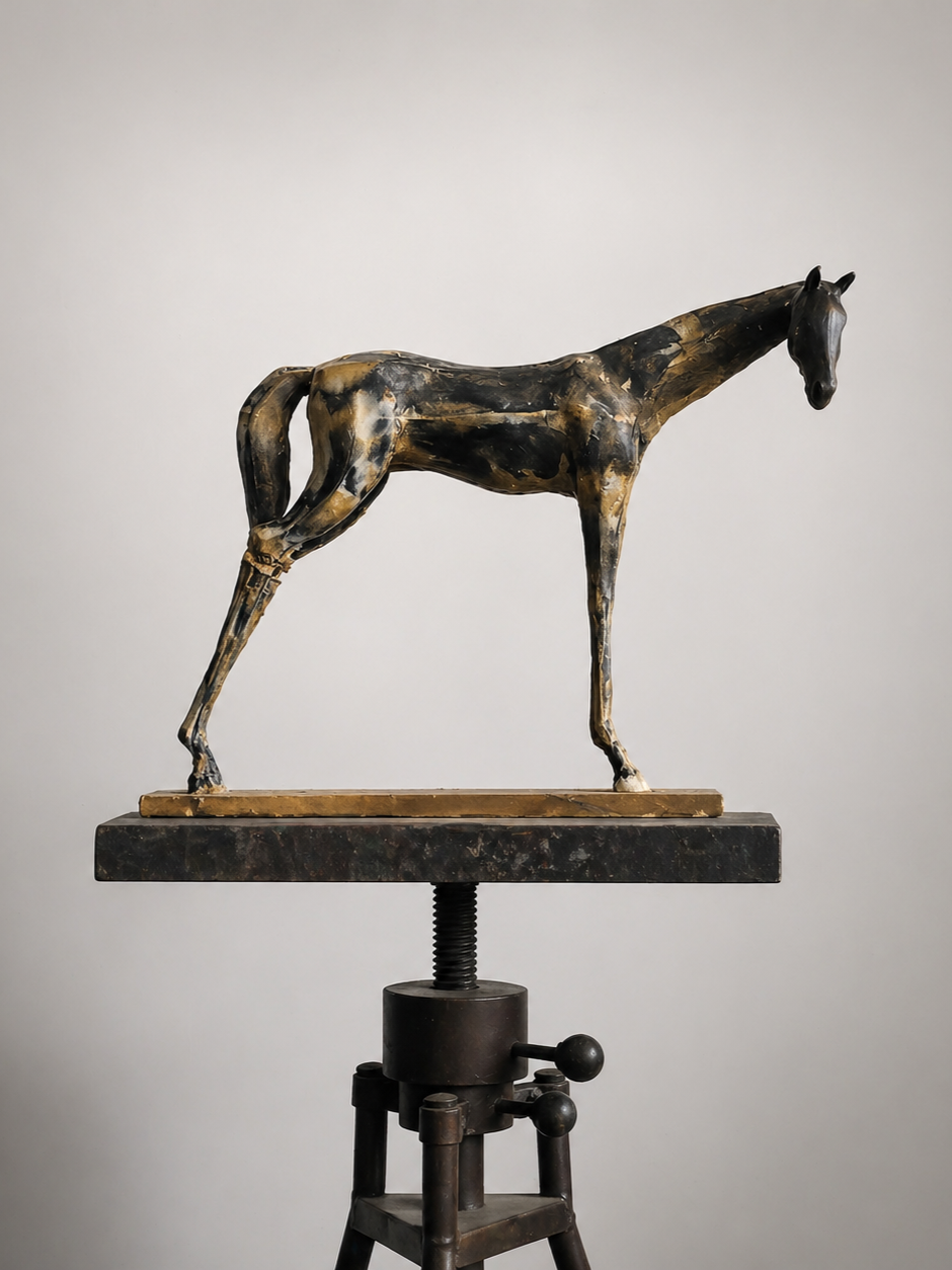 Bronze sculpture of a horse on a metal stand.