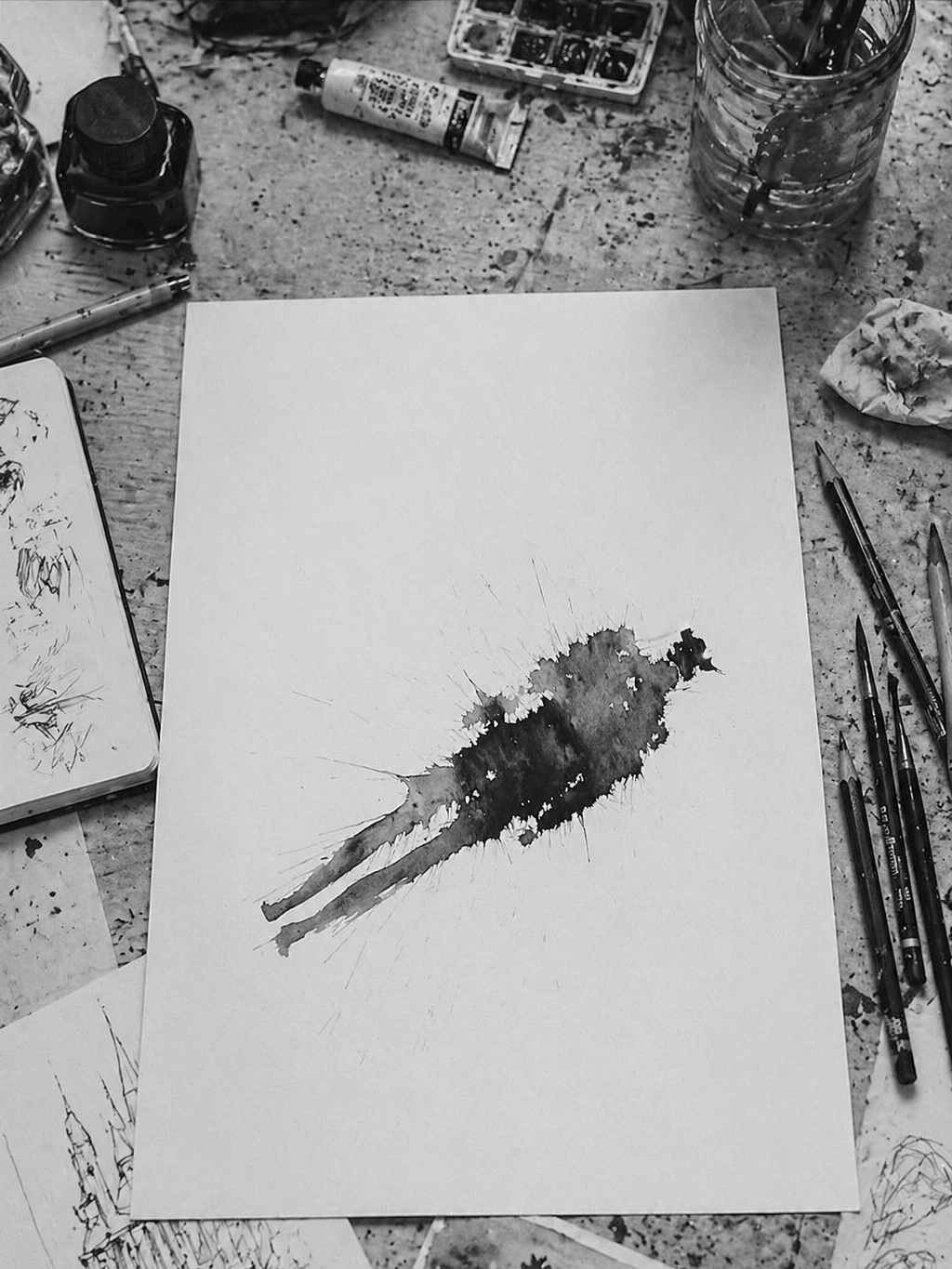 A piece of white paper with a black ink splatter and streaks, surrounded by art supplies such as brushes, pens, paints, and sketchbooks on a messy artist's desk.