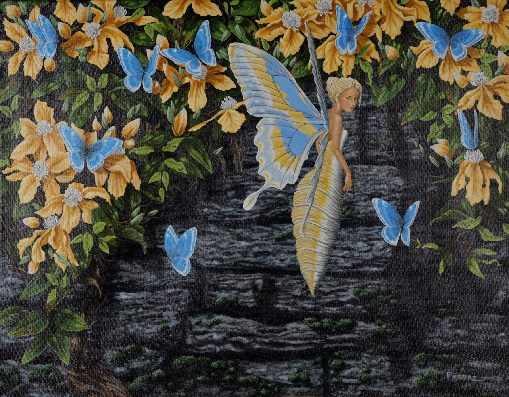 Research, research and then the final product. . Under The Clematis. Acrylic on canvas.