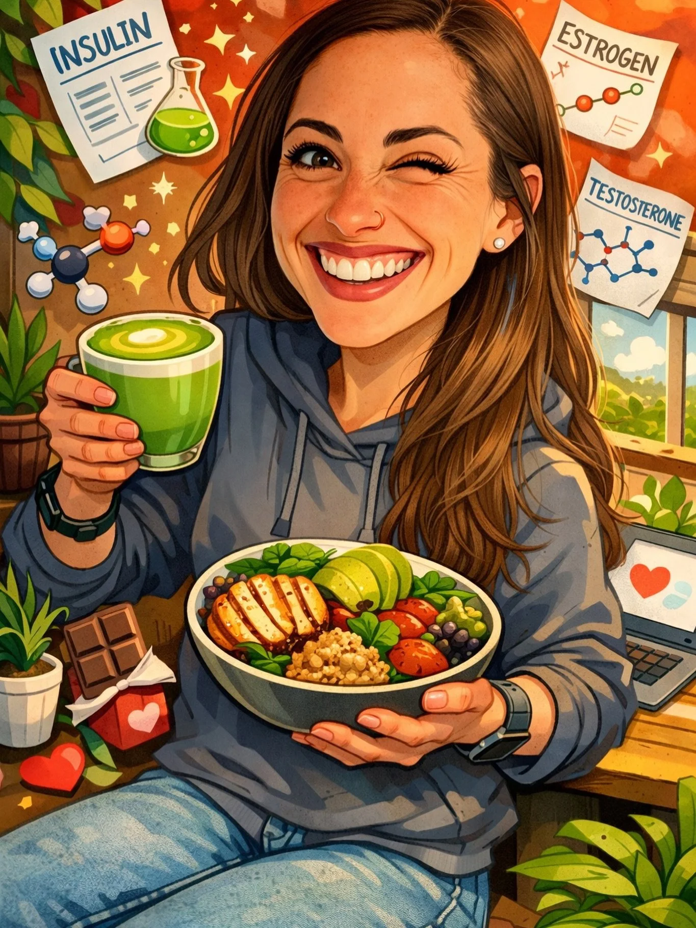 Omg I am late to this trend but asked AI to create a caricature based on what it knows about what I do for work and I&rsquo;m dying 😂

The plants 😂
The hormone signs 😂
The box of chocolate 😂
And a wink?! 😂

I&rsquo;m not understanding the double