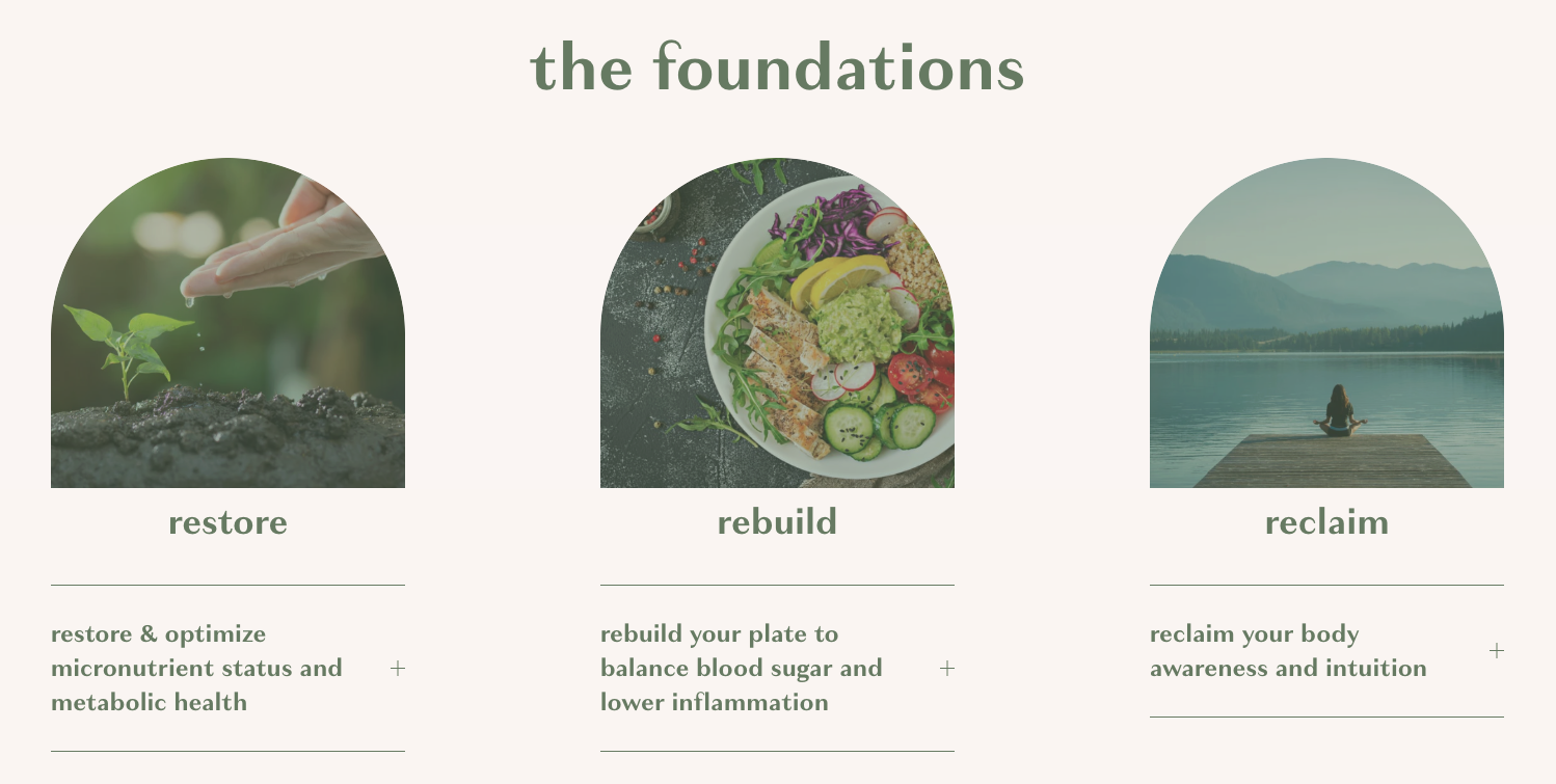 An infographic titled "the foundations" showing three circular images with accompanying text. The first image depicts a hand watering a small plant with the word "restore" below; the second shows a salad with the word "rebuild" below; and the third shows a person meditating by a lake with mountains in the background, labeled "reclaim."