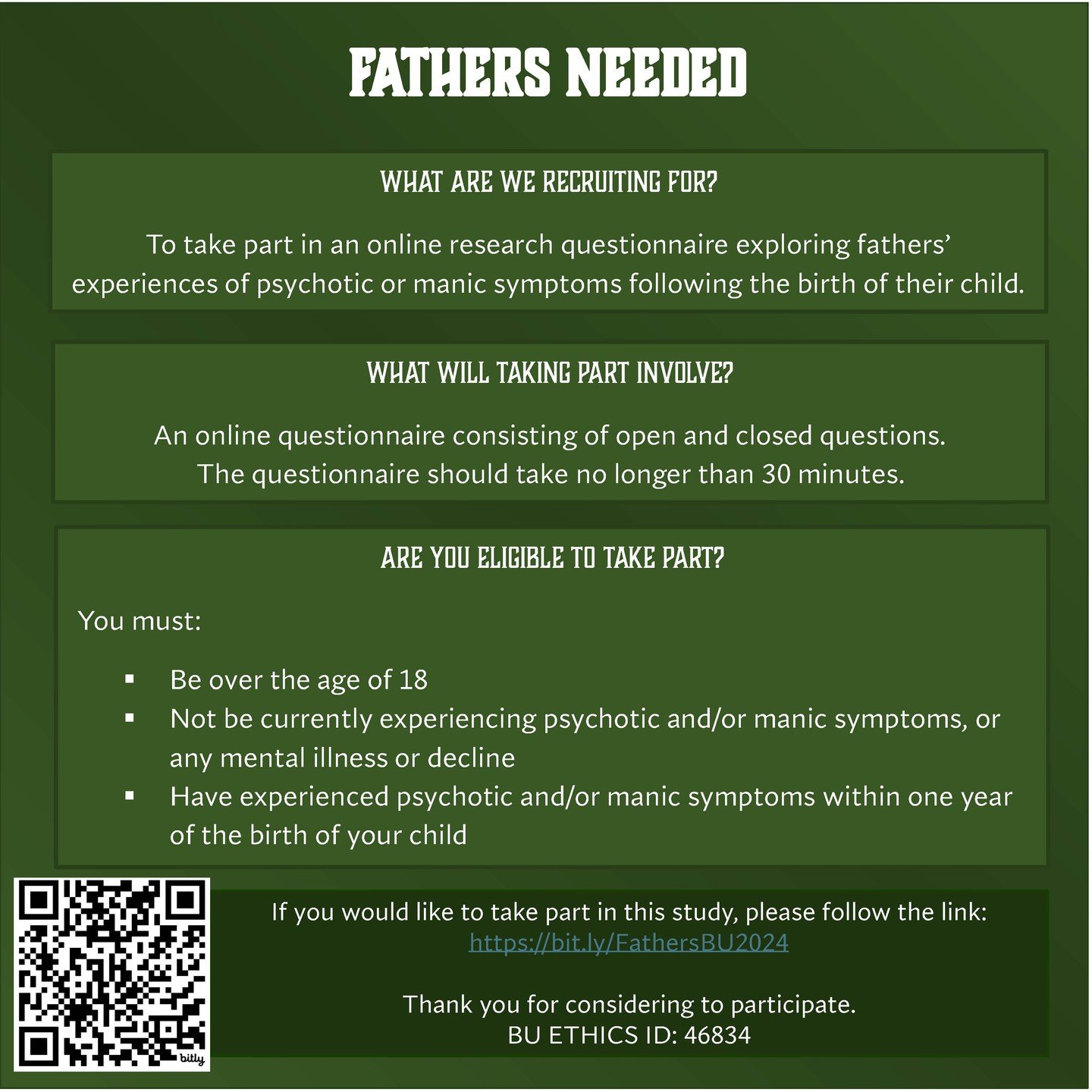 We're looking for fathers who experienced postnatal psychotic or manic thoughts for a Bournemouth University study with my postgraduate student, Polly Pesci. 

This is an under-researched and poorly support area of fathers' mental health. 

We hope t