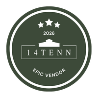 Green circular badge with three stars at the top, a silhouette of a tank in the center, and text '2026 14 TENN Epic Vendor' around and below the tank.