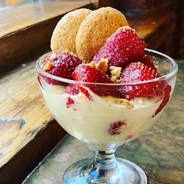 Dessert special all weekend! Local strawberries, zabaglione and amaretto cookies!
