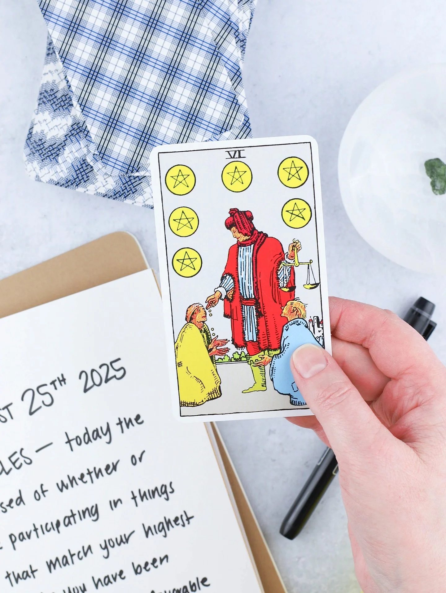 A little late in the day for the card of the day but it&rsquo;s Six of Pentacles!

Monday, August 25th: Six of Pentacles &mdash; 

Today the question is posed of whether or not you are participating in things for reasons that match your highest integ