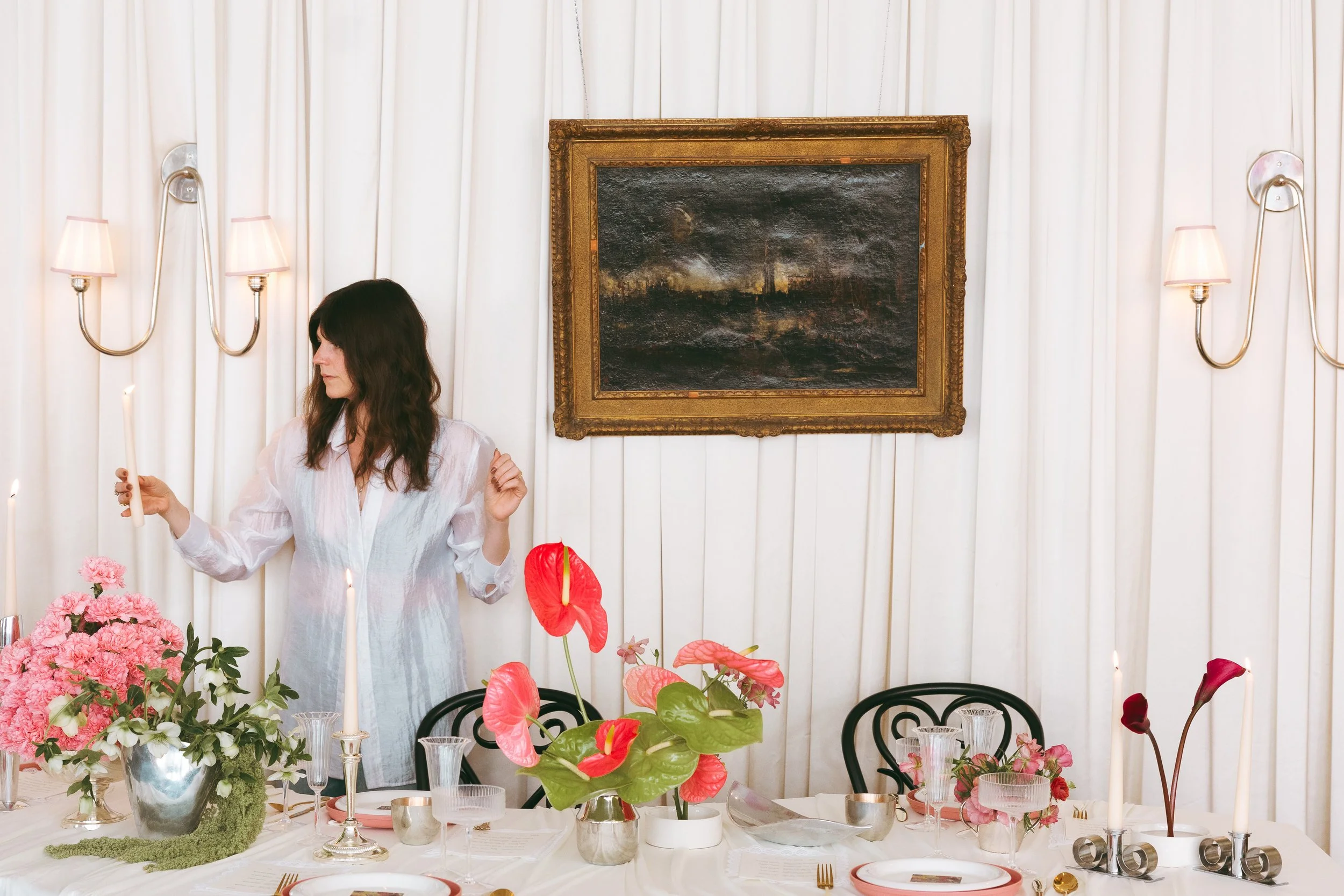 minimal modern feminine whimsical serpentine table centerpiece burgundy and green color palette orchids anthurium amaranth carnation mound the cottage rose kansas city wedding florist crossroads le lounge no vacancy bride kc true love coordination