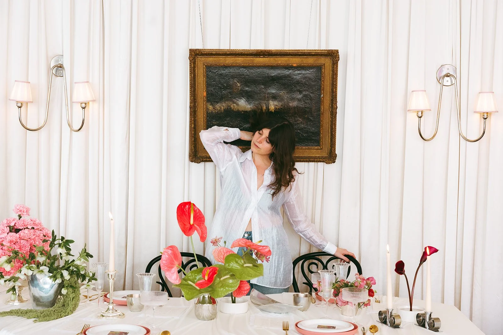 minimal modern feminine whimsical serpentine table centerpiece burgundy and green color palette orchids anthurium amaranth carnation mound the cottage rose kansas city wedding florist crossroads le lounge no vacancy bride kc true love coordination